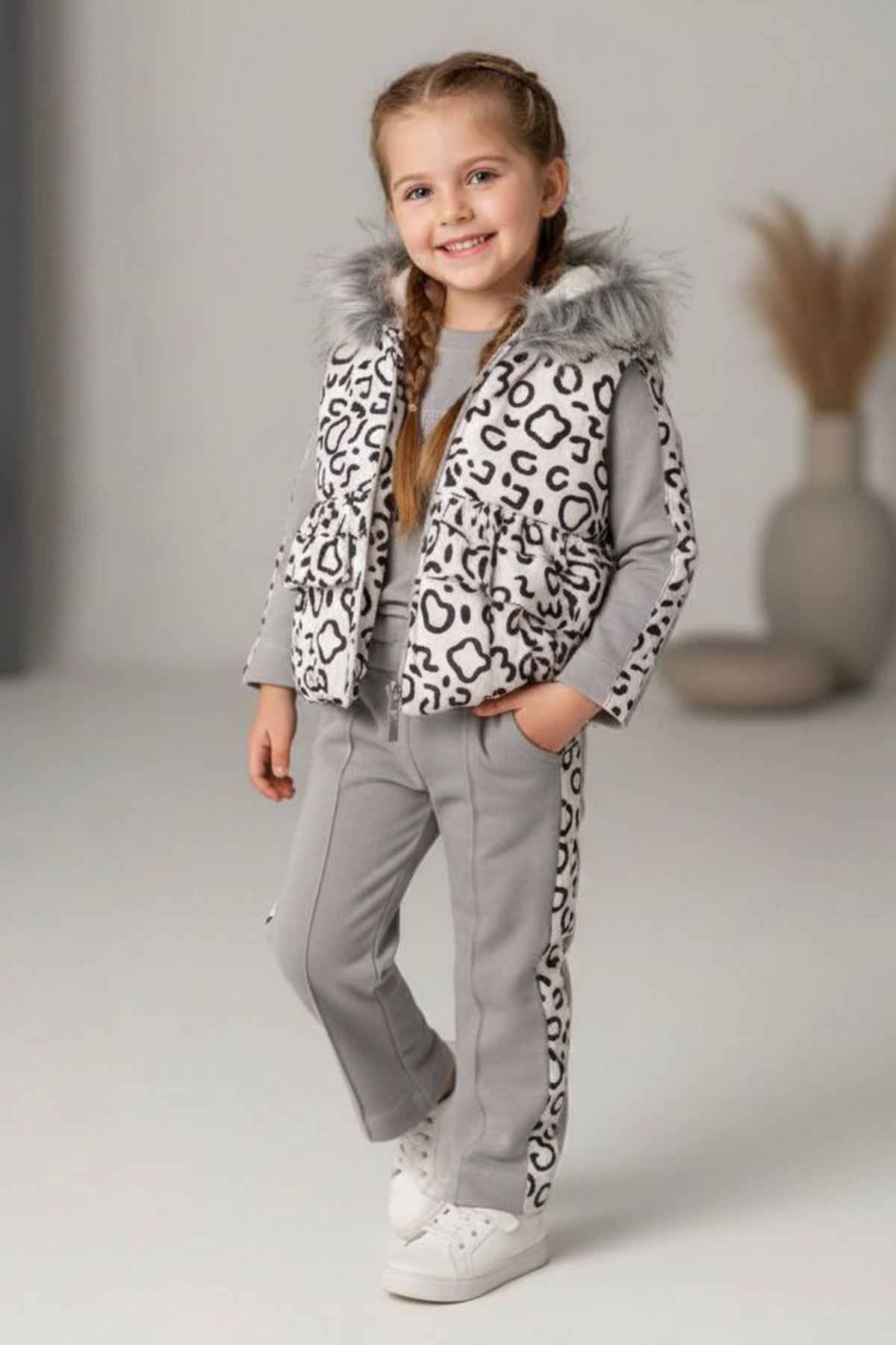 Miniğimin Cicileri Kürklü Leopar Yelekli  Kız Çocuk 3 lü Takım - Gri