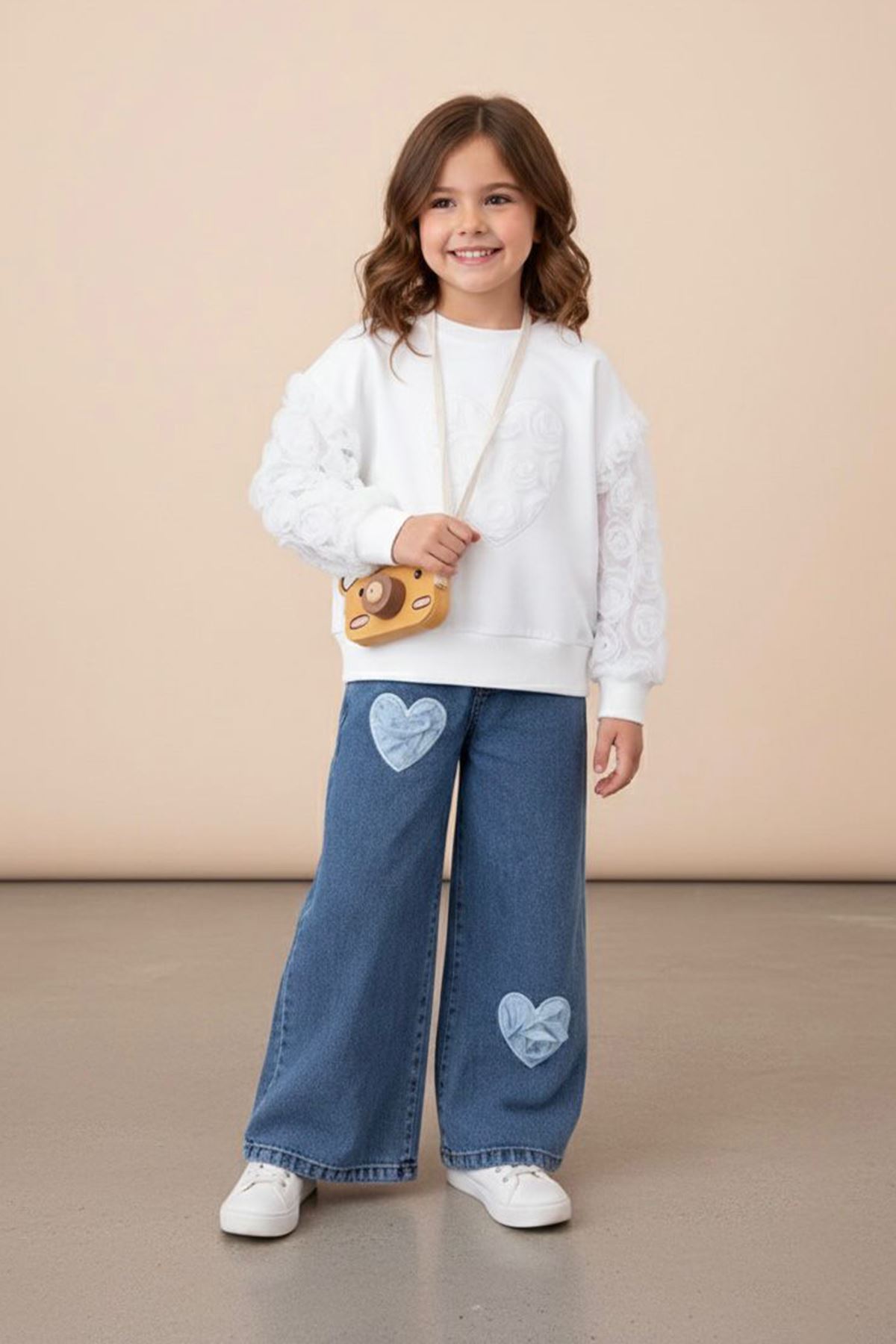 Miniğimin Cicileri Kalp Tül  Detaylı Kız Çocuk Kotlu Takım - Beyaz