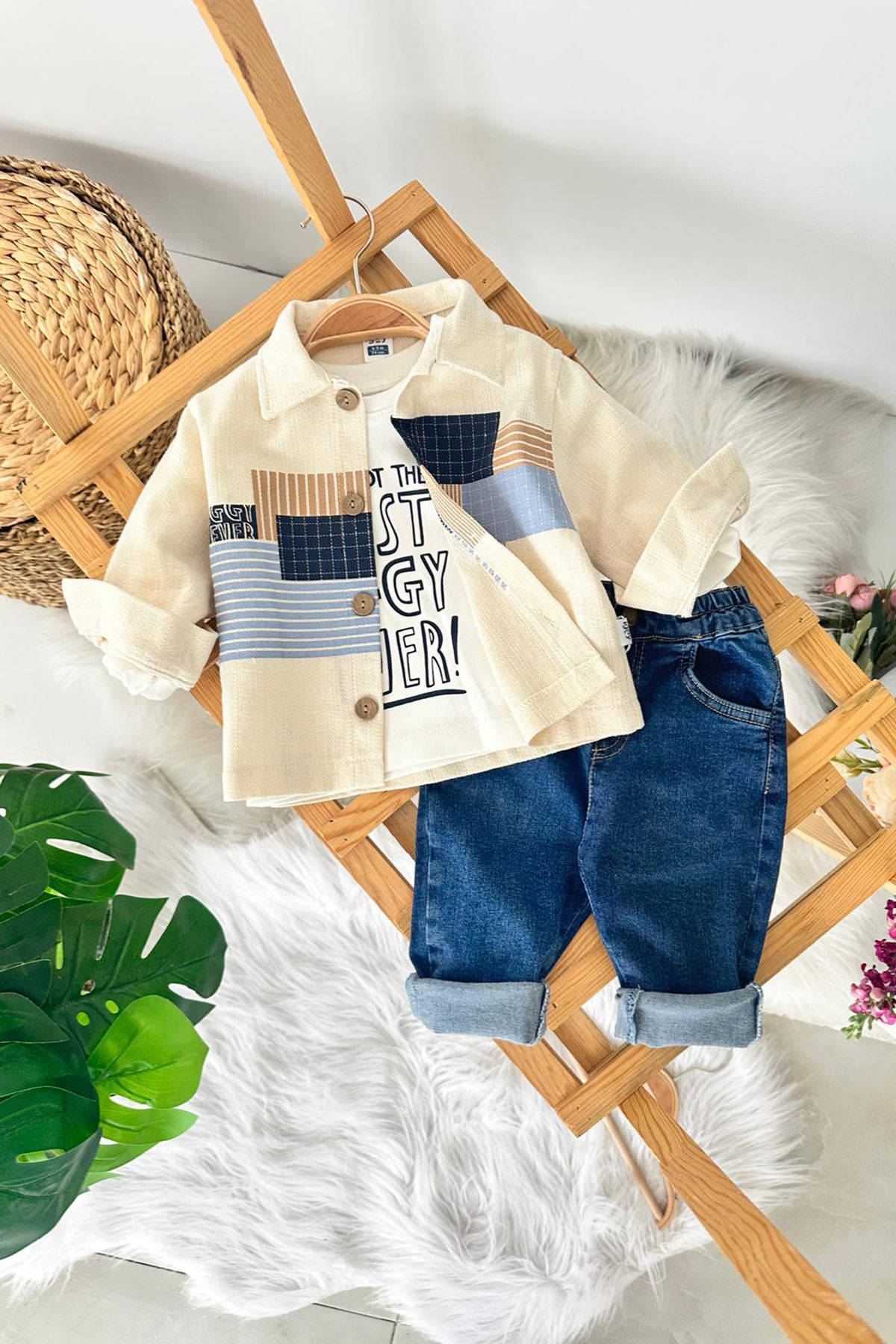 Miniğimin Cicileri Renk Bloklu Gömlekli Bebek Çocuk Kot Takım - Krem