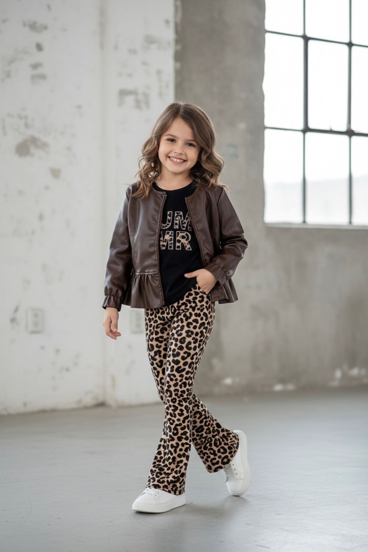 Miniğimin Cicileri Deri Ceketli Summer Leopar Pantolon 3 lü Kız Çocuk Takım - Kahve