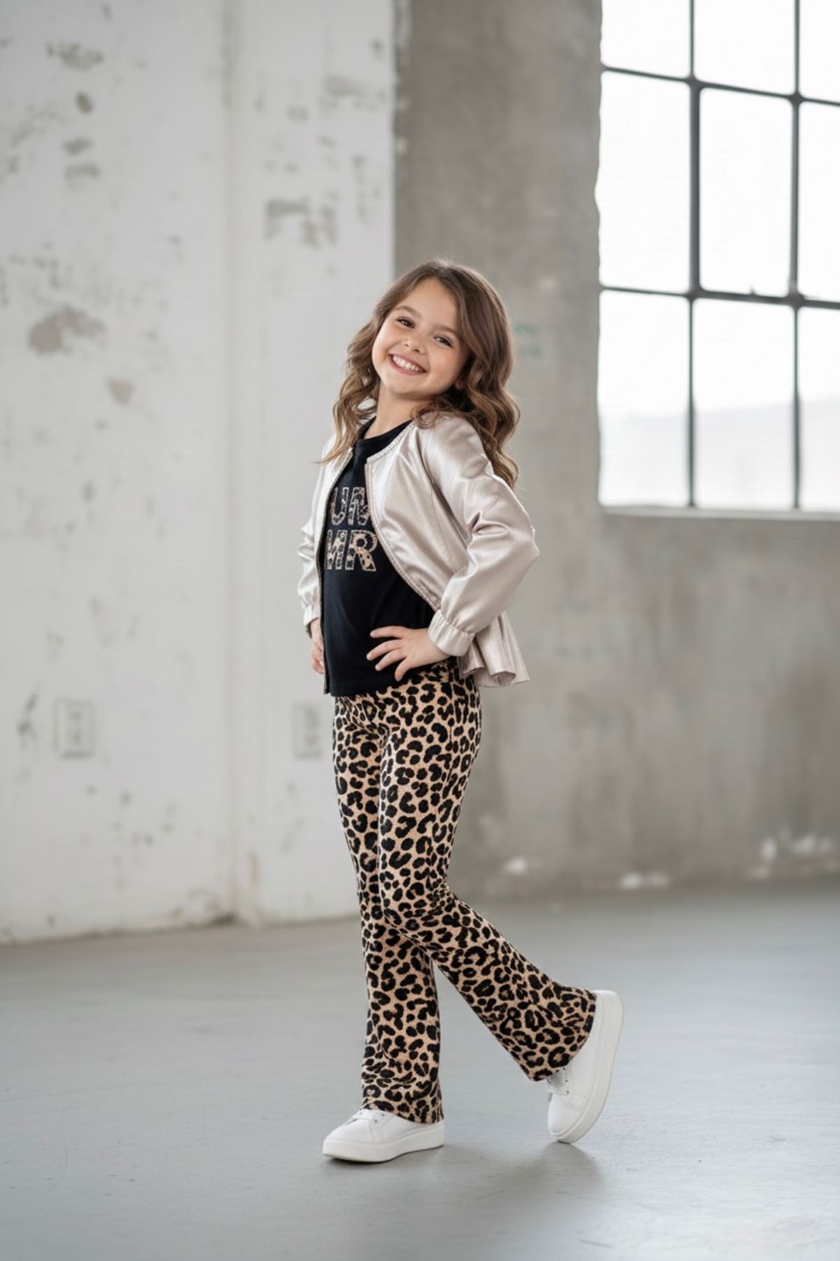 Miniğimin Cicileri Deri Ceketli Summer Leopar Pantolon 3 lü Kız Çocuk Takım - Camel