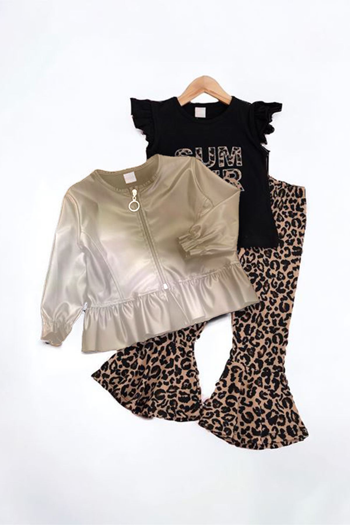 Miniğimin Cicileri Deri Ceketli Summer Leopar Pantolon 3 lü Kız Çocuk Takım - Camel