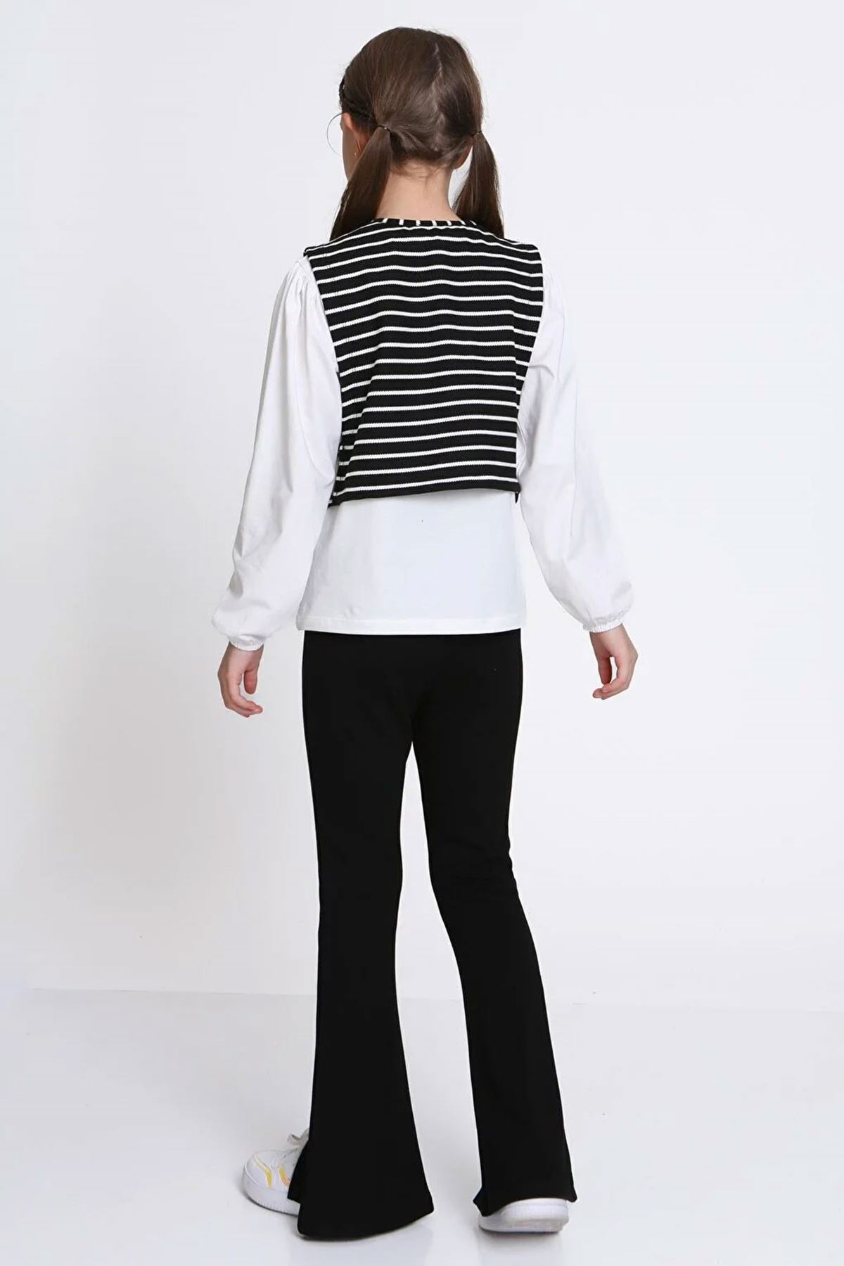 Miniğimin Cicileri Çizgili Yelekli Yırtmaçlı Kız Çocuk 3 lü Takım - Siyah