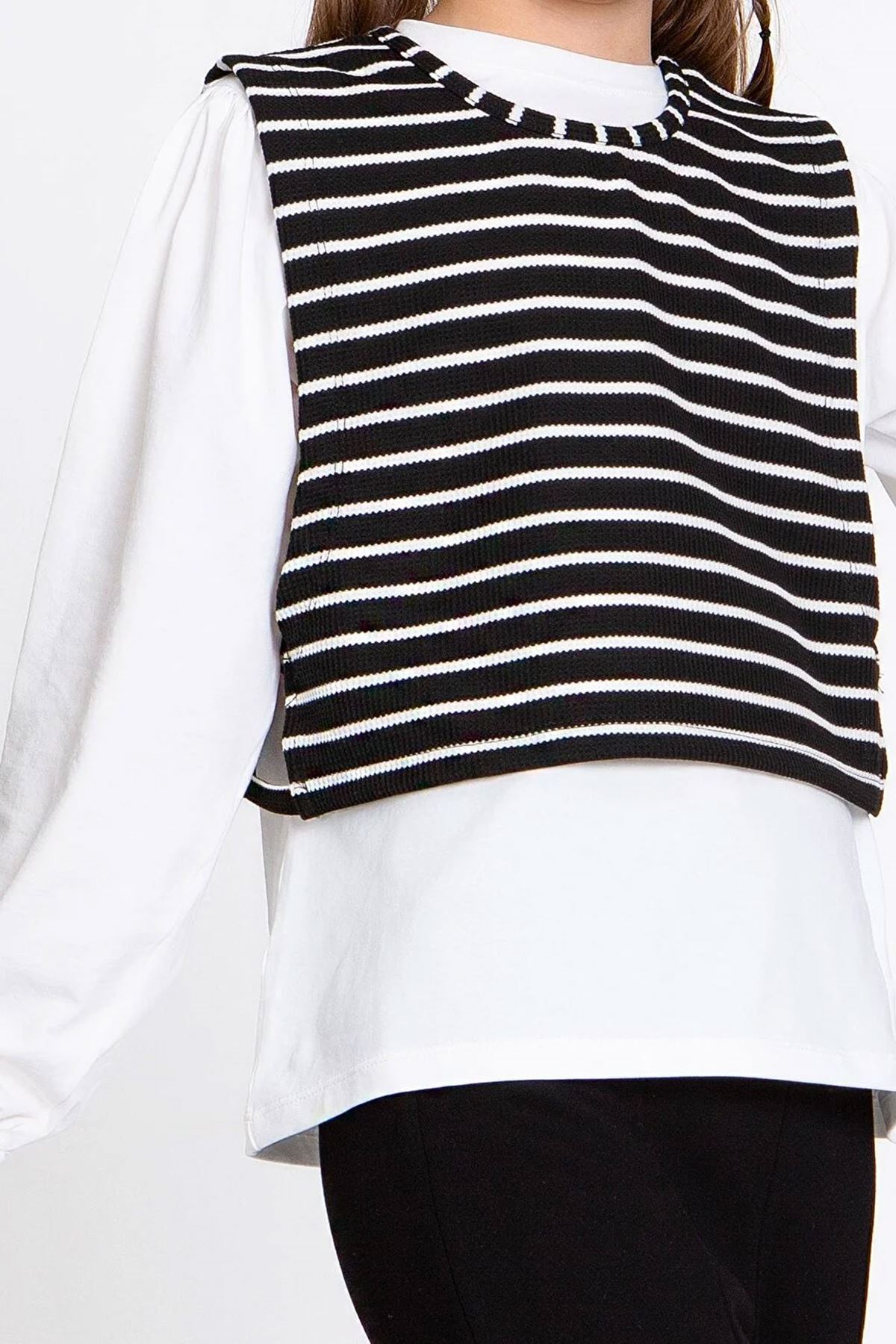 Miniğimin Cicileri Çizgili Yelekli Yırtmaçlı Kız Çocuk 3 lü Takım - Siyah