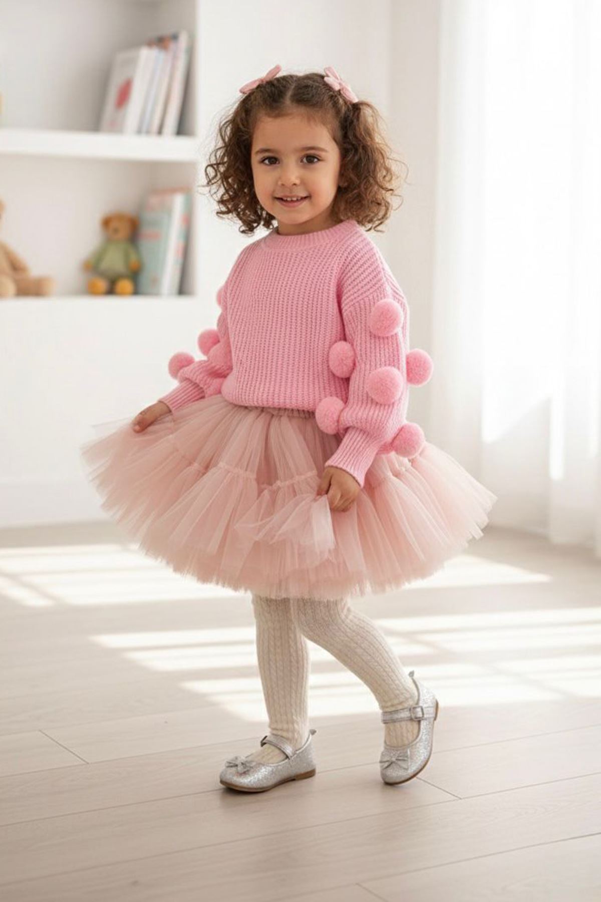 Miniğimin Cicileri Pon Pon Detaylı Triko Kız Çocuk Kazak - Şeker Pembe