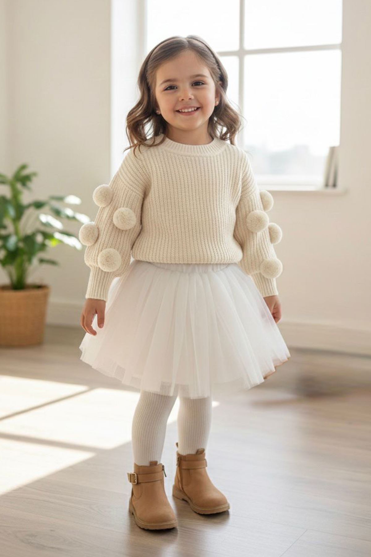Miniğimin Cicileri Pon Pon Detaylı Triko Kız Çocuk Kazak - Krem