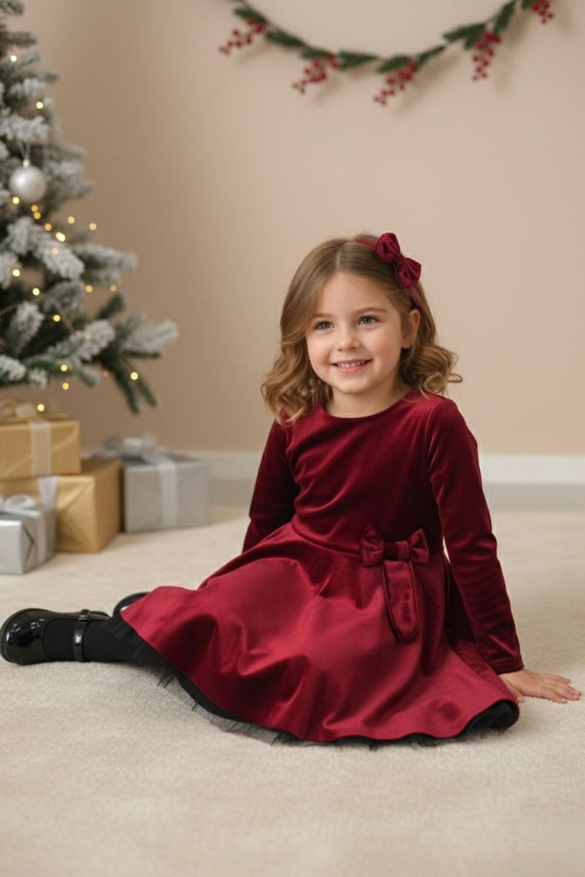 Miniğimin Cicileri Kadife Tül Detaylı Kız Çocuk Elbise - Kırmızı