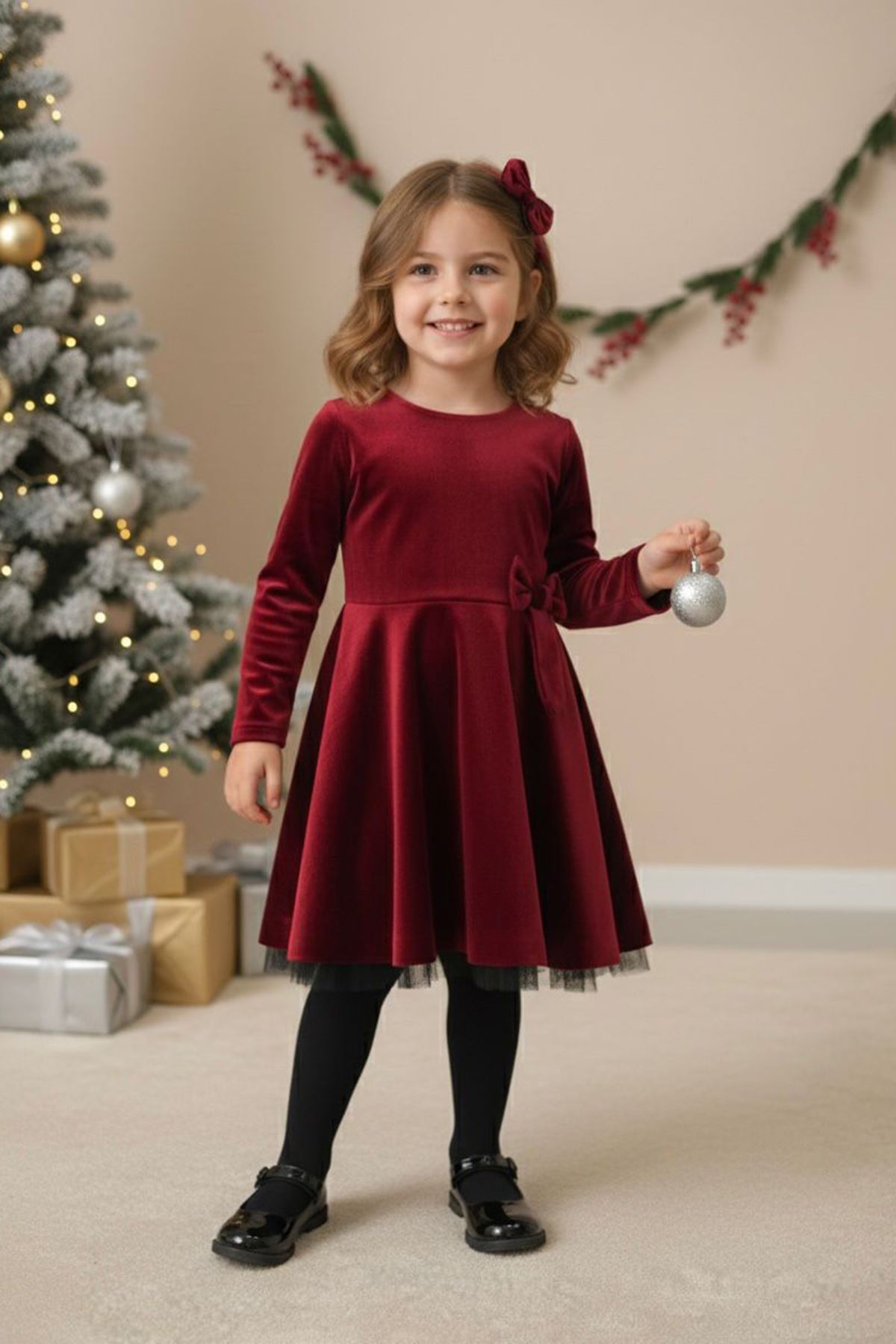 Miniğimin Cicileri Kadife Tül Detaylı Kız Çocuk Elbise - Kırmızı