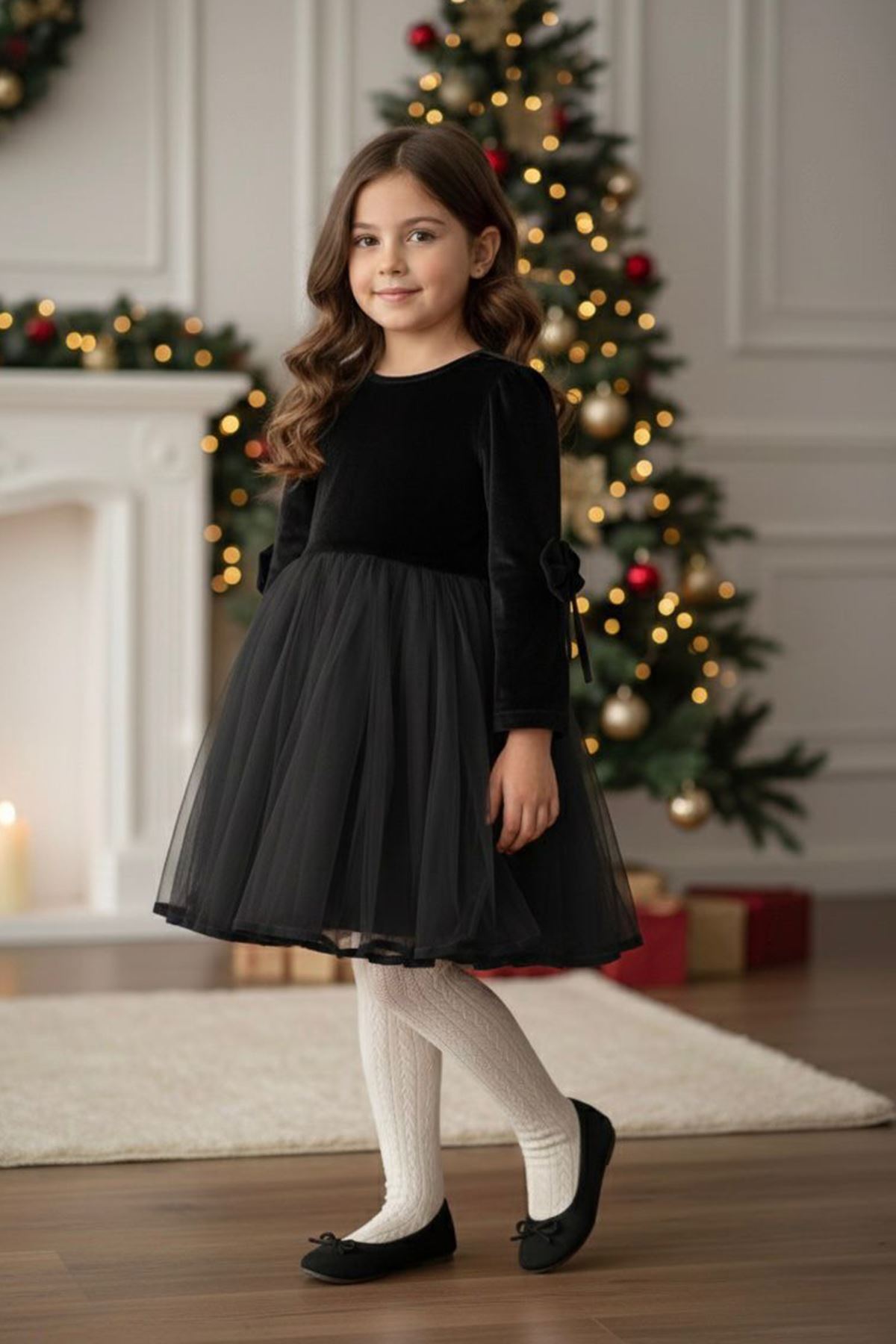 Miniğimin Cicileri Kadife Kolları Fiyonk Detaylı Tül Kız Çocuk Elbise - Siyah