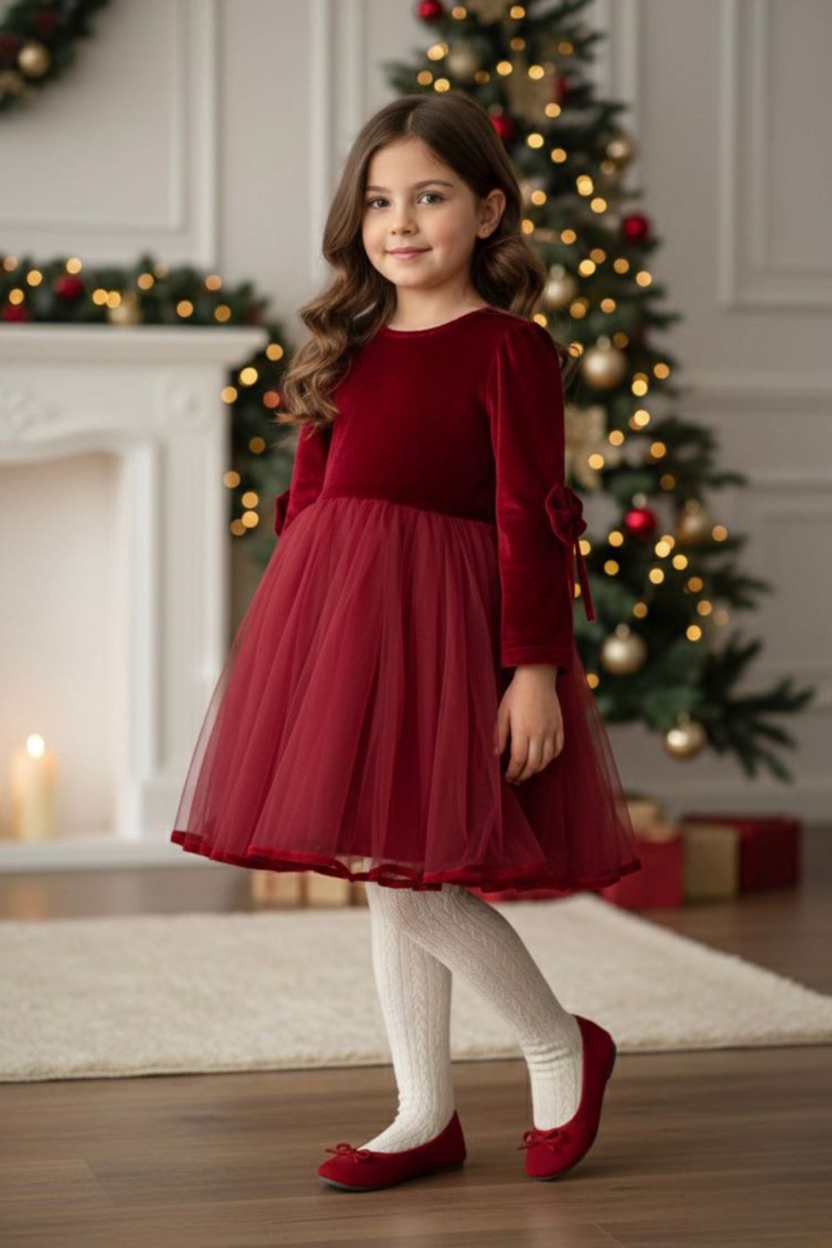 Miniğimin Cicileri Kadife Kolları Fiyonk Detaylı Tül Kız Çocuk Elbise - Bordo