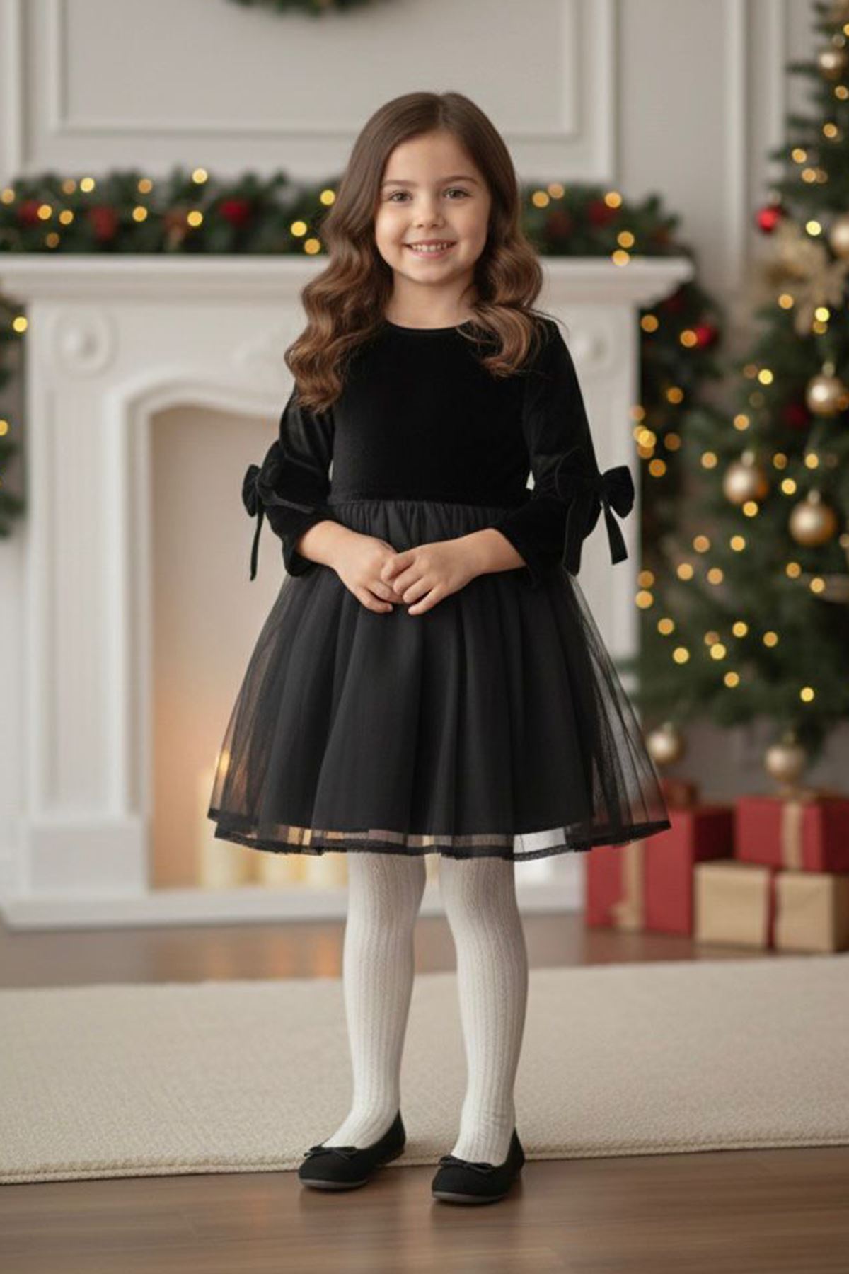 Miniğimin Cicileri Kadife Kolları Fiyonk Detaylı Tül Kız Çocuk Elbise - Siyah
