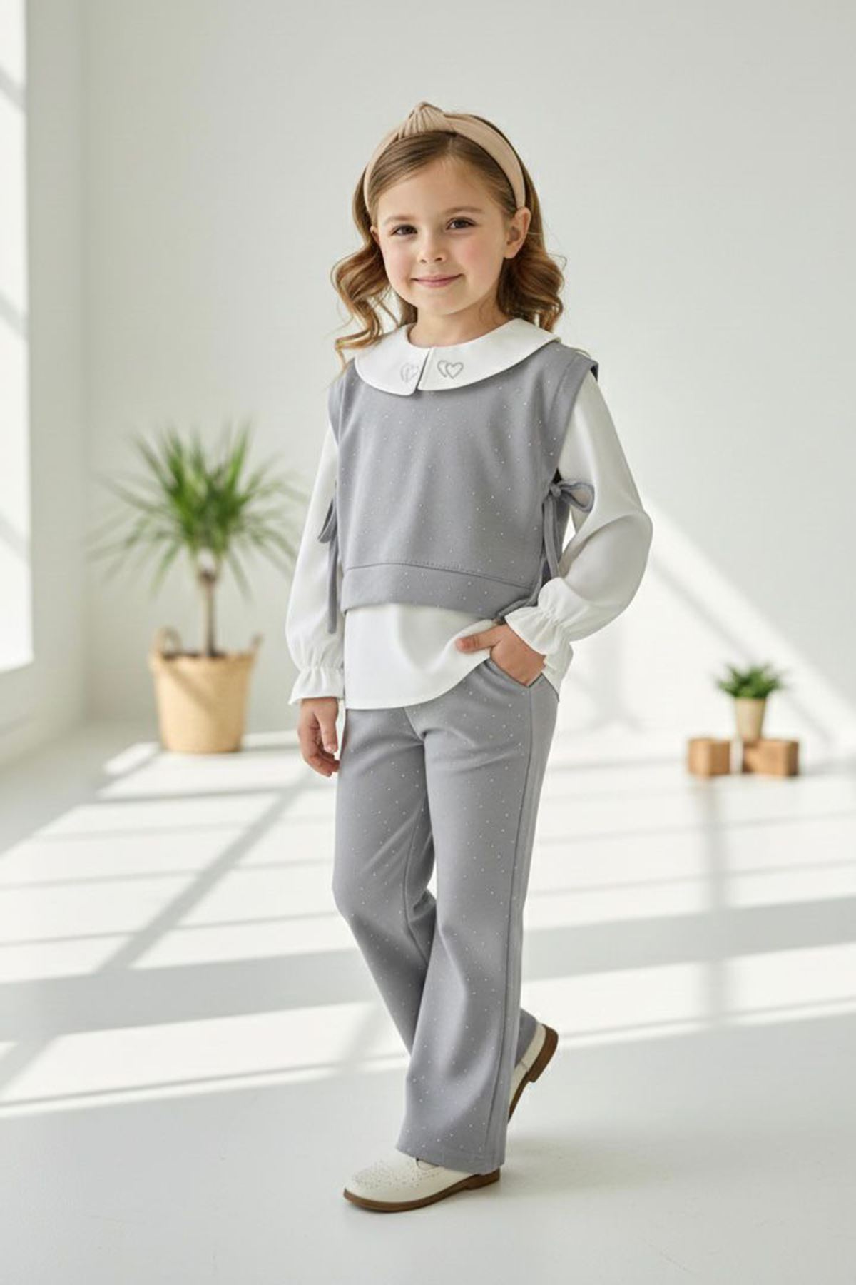 Miniğimin Cicileri Kalp Desenli Taşlı 3 lü Kız Çocuk Takım - Gri