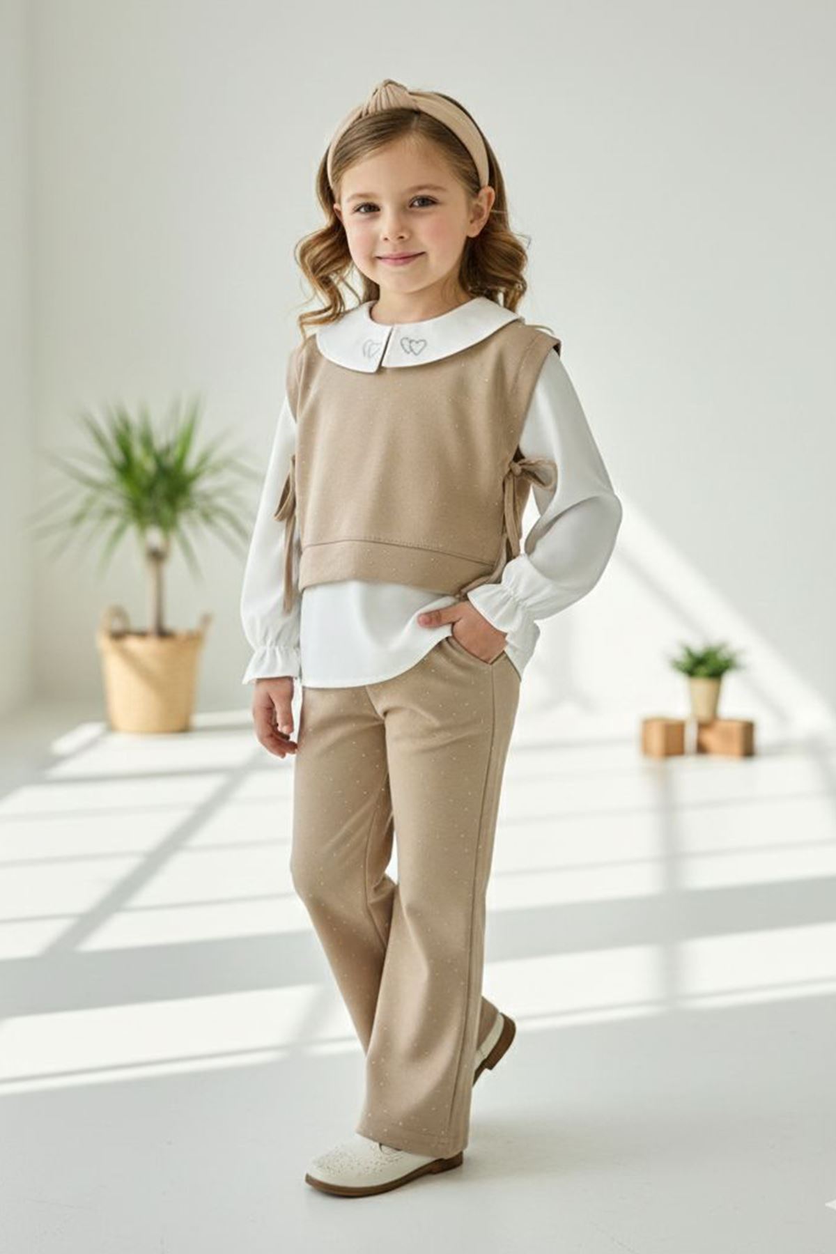 Miniğimin Cicileri Kalp Desenli Taşlı 3 lü Kız Çocuk Takım - Kahverengi