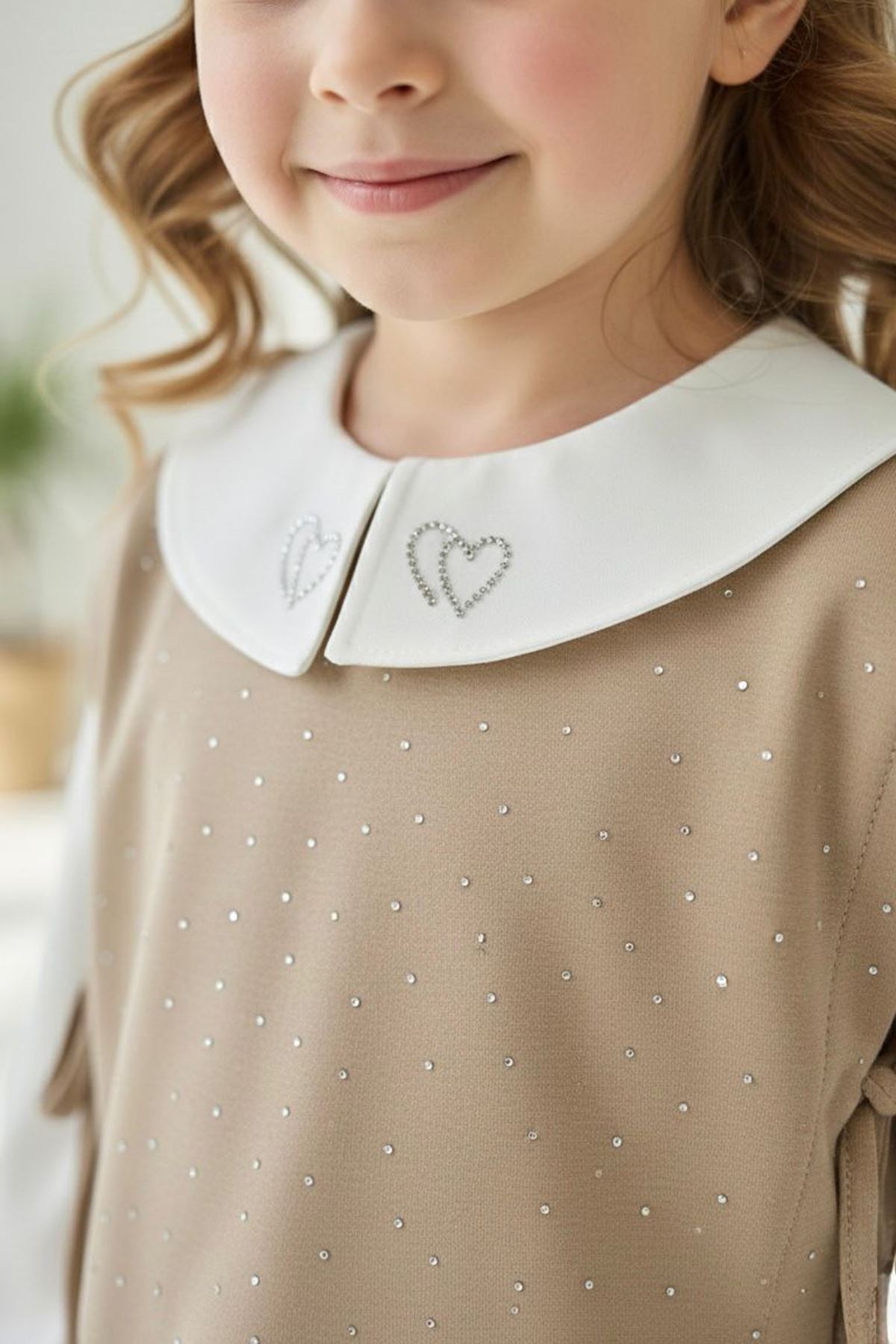 Miniğimin Cicileri Kalp Desenli Taşlı 3 lü Kız Çocuk Takım - Kahverengi