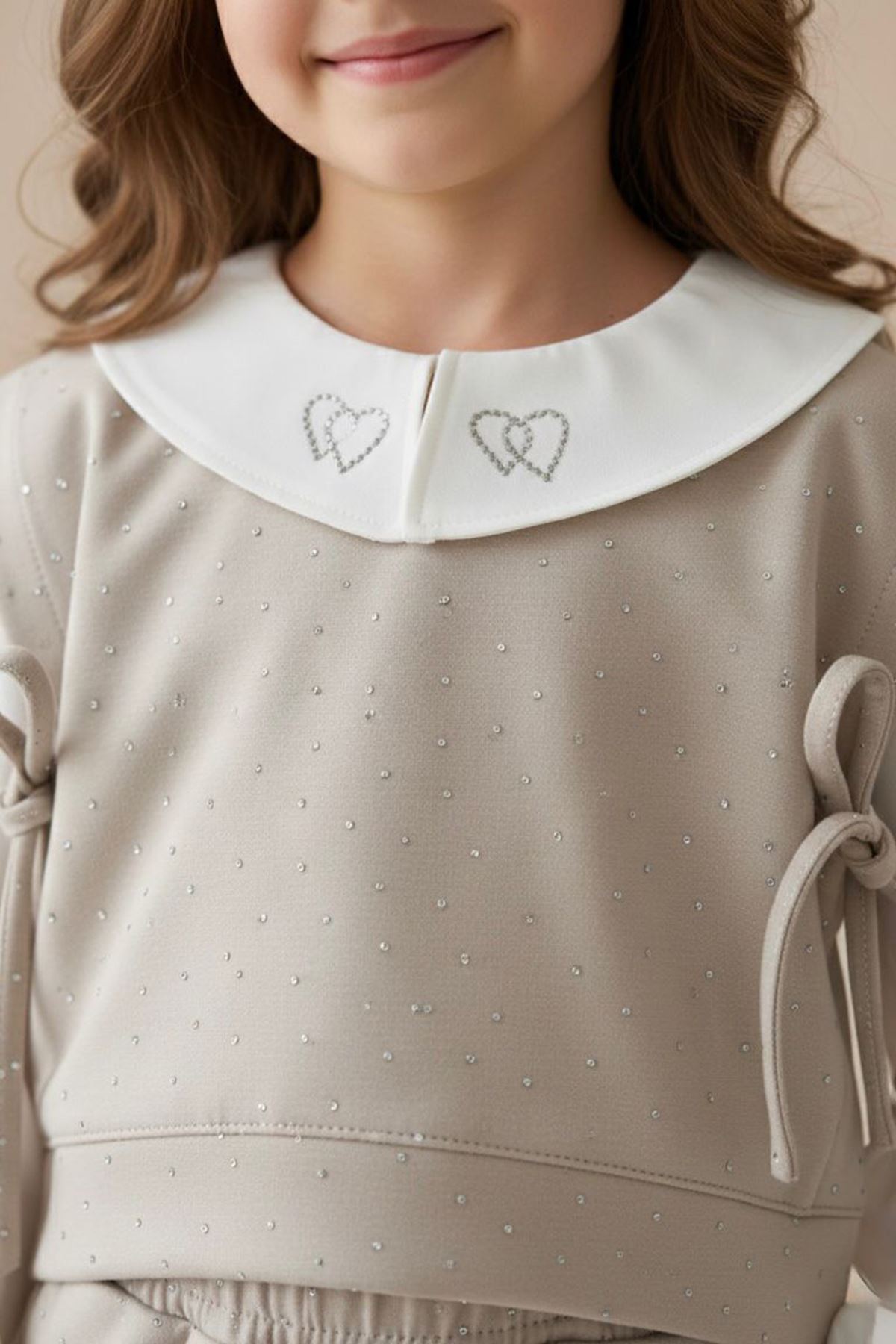 Miniğimin Cicileri Kalp Desenli Taşlı 3 lü Kız Çocuk Takım - Bej