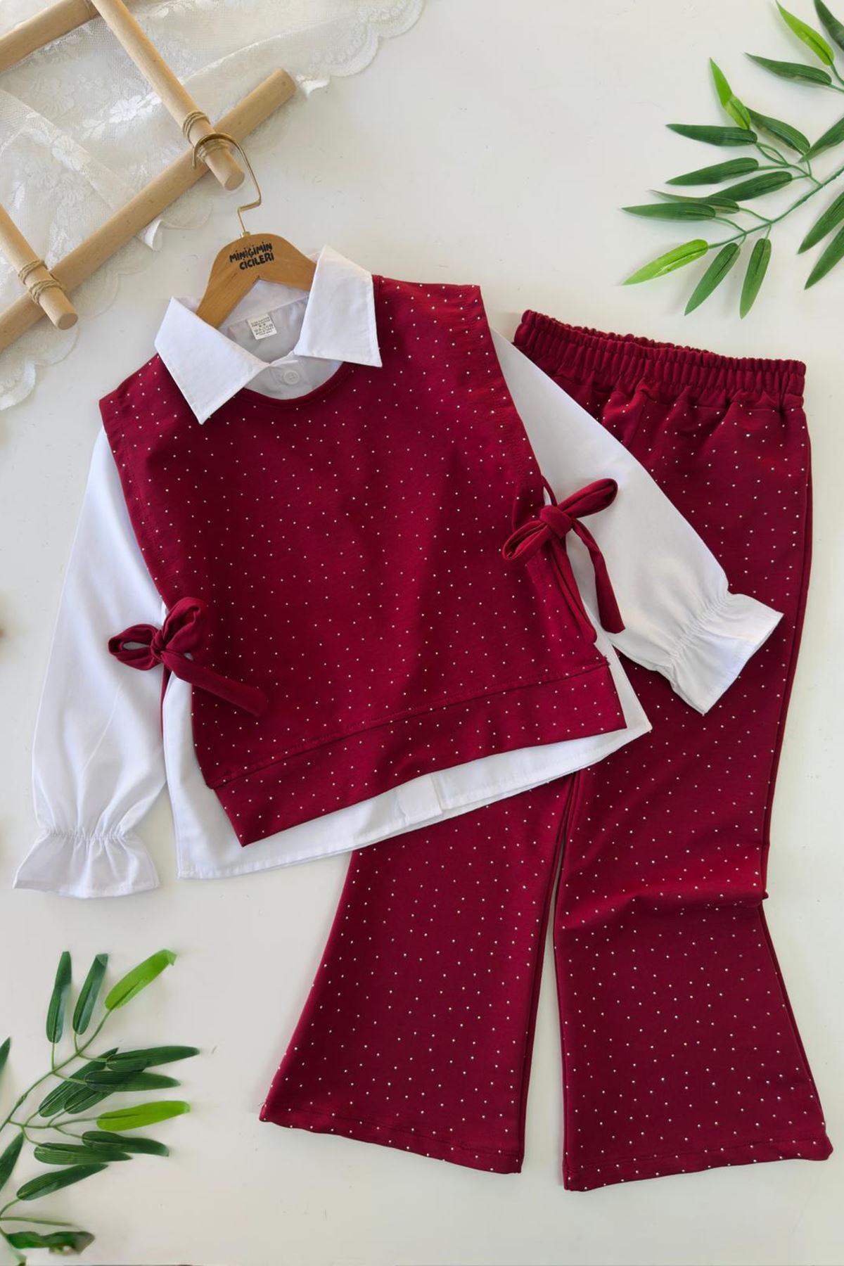 Miniğimin Cicileri Gömlekli Taş Detaylı Kız Çocuk 3 lü Takım - Bordo
