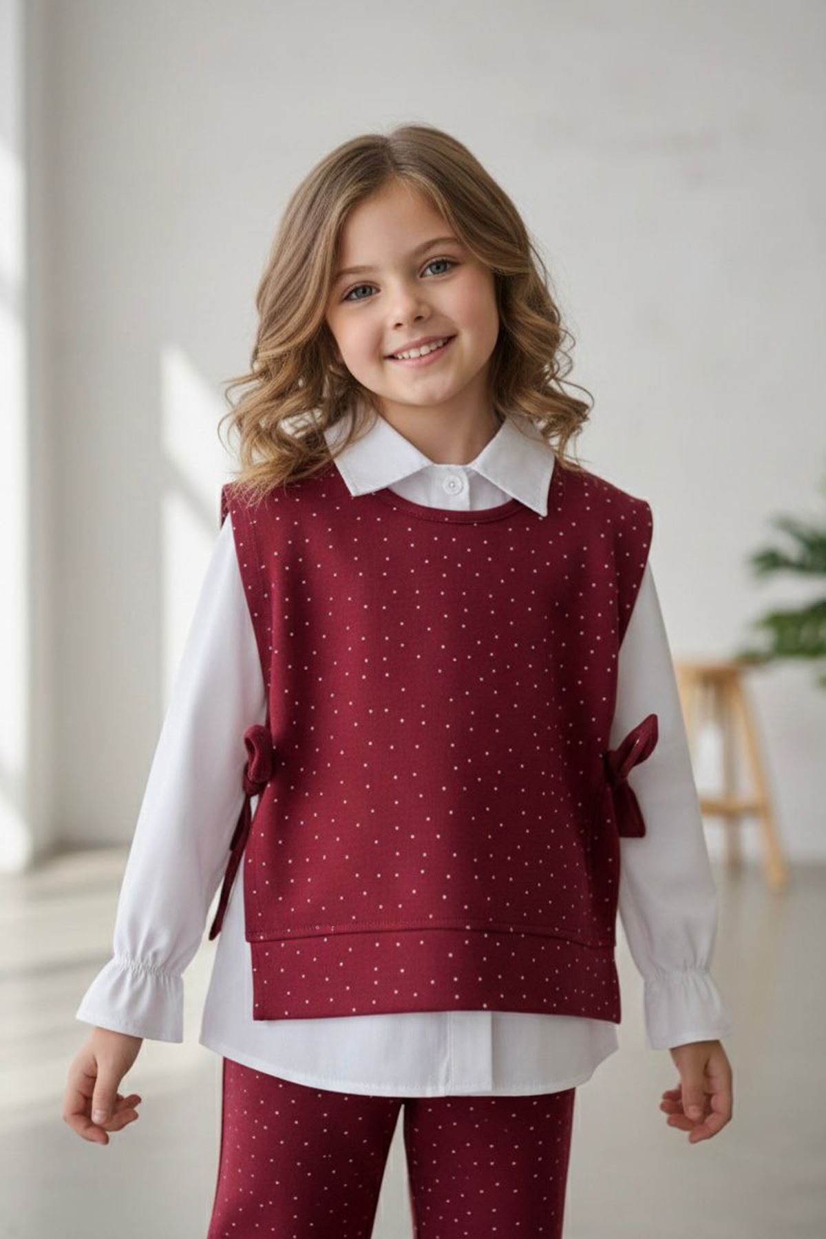 Miniğimin Cicileri Gömlekli Taş Detaylı Kız Çocuk 3 lü Takım - Bordo