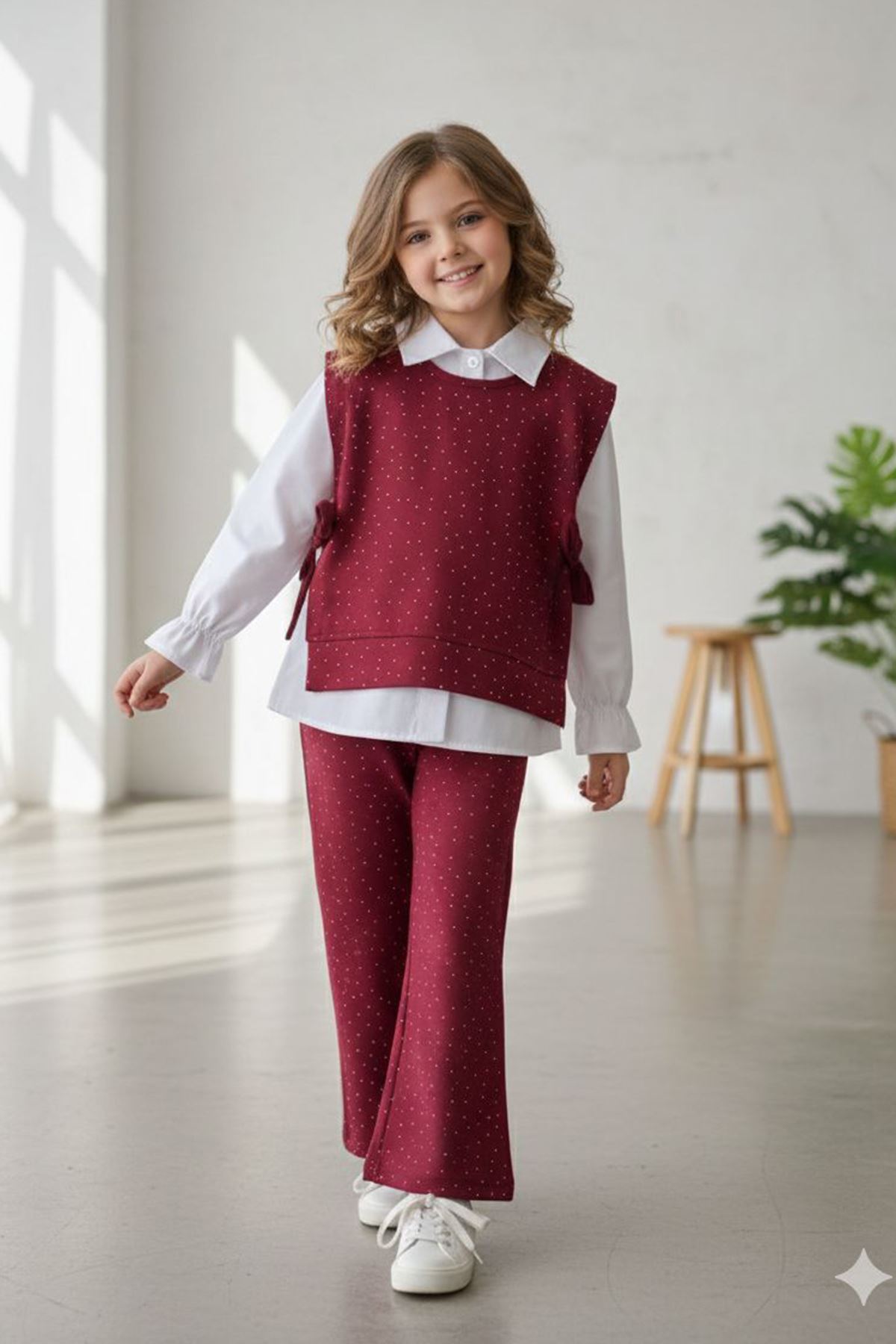 Miniğimin Cicileri Gömlekli Taş Detaylı Kız Çocuk 3 lü Takım - Bordo