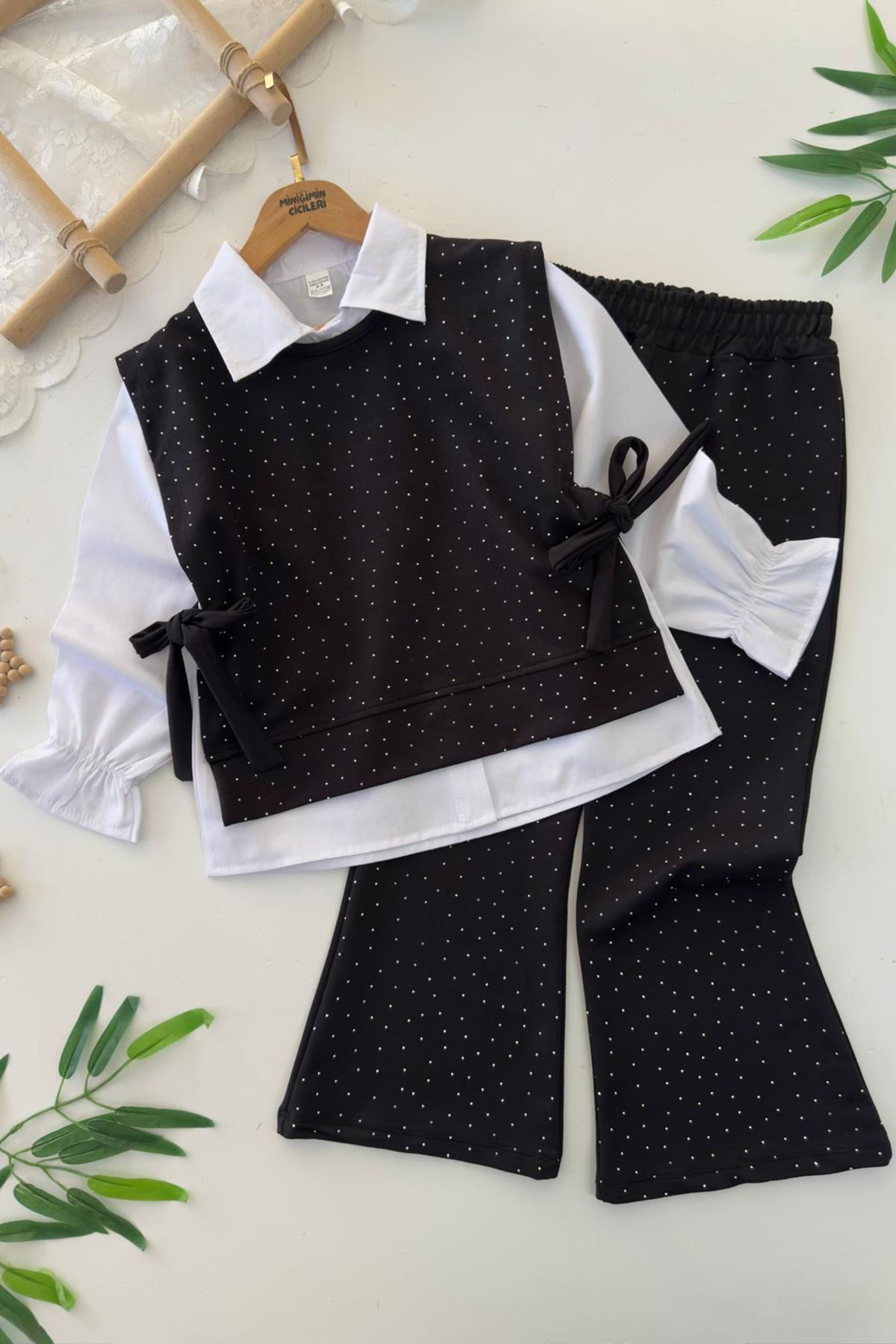 Miniğimin Cicileri Gömlekli Taş Detaylı Kız Çocuk 3 lü Takım - Siyah