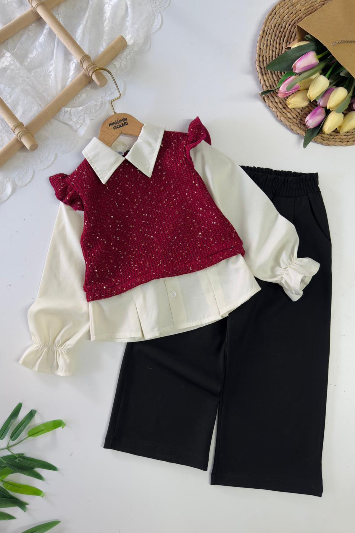 Miniğimin Cicileri Pullu Triko Detaylı Kız Çocuk 2 li Takım - Bordo