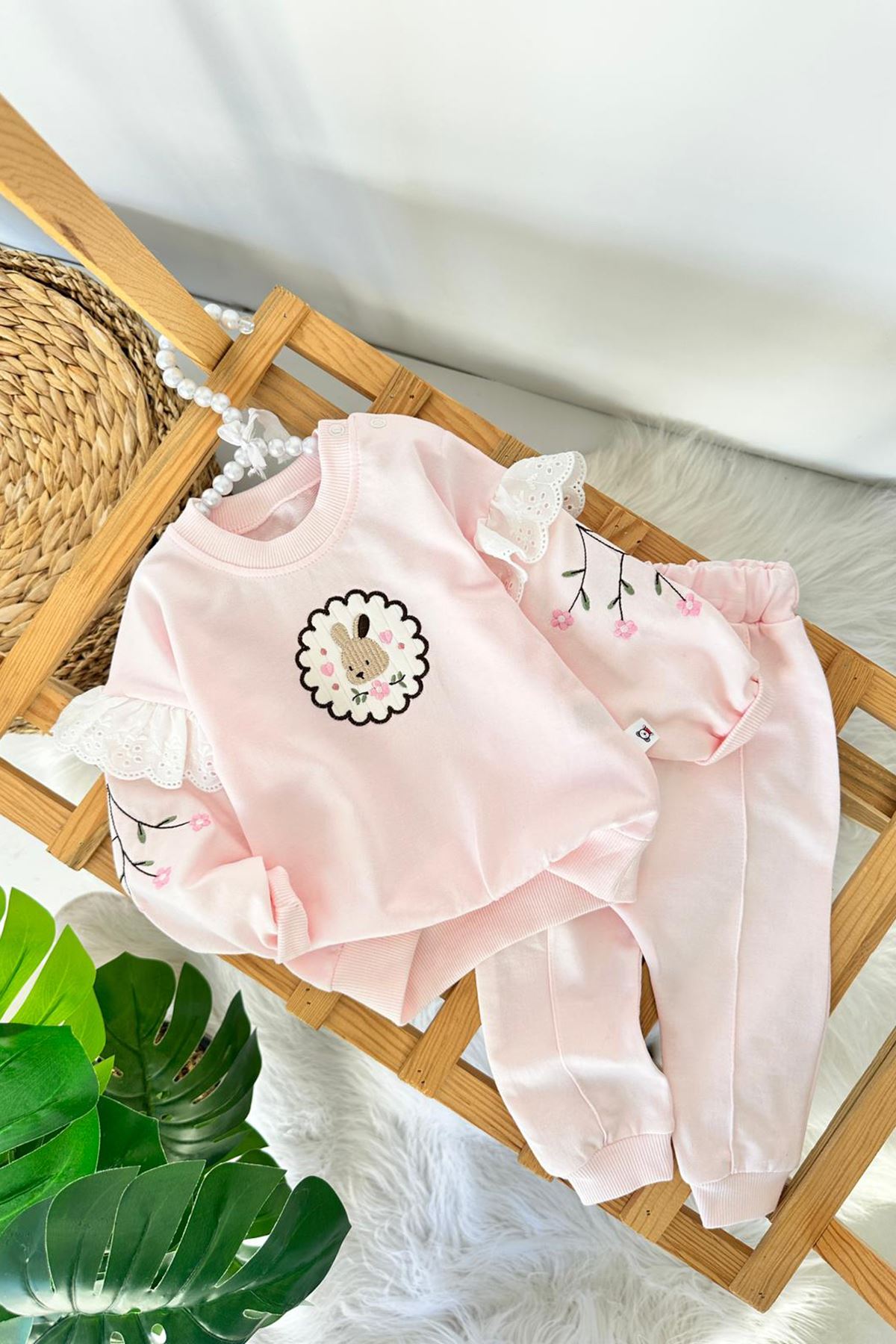 Miniğimin Cicileri Sevimli Tavşan Nakışlı Kız Bebek Sweatshirt Pantolon Takım - Pembe
