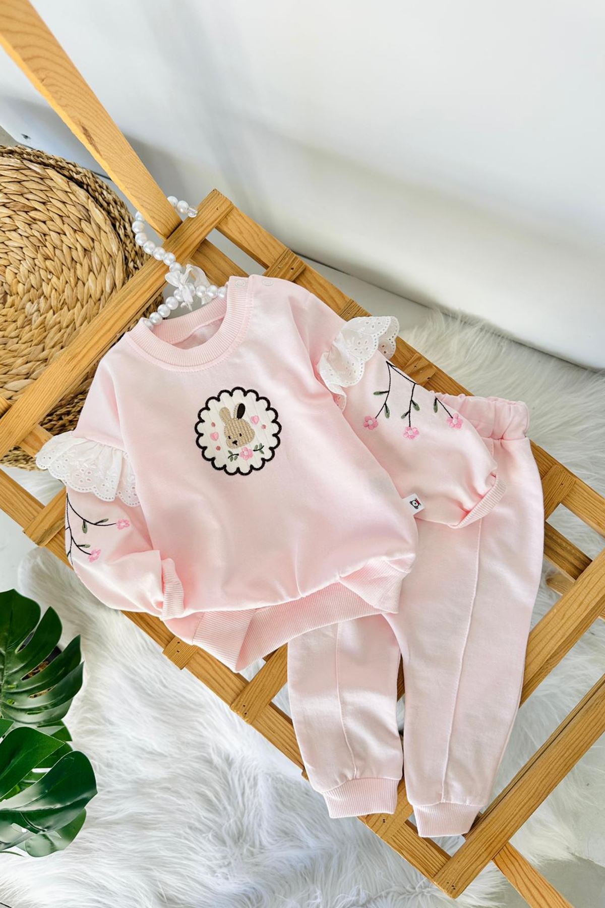 Miniğimin Cicileri Sevimli Tavşan Nakışlı Kız Bebek Sweatshirt Pantolon Takım - Pembe