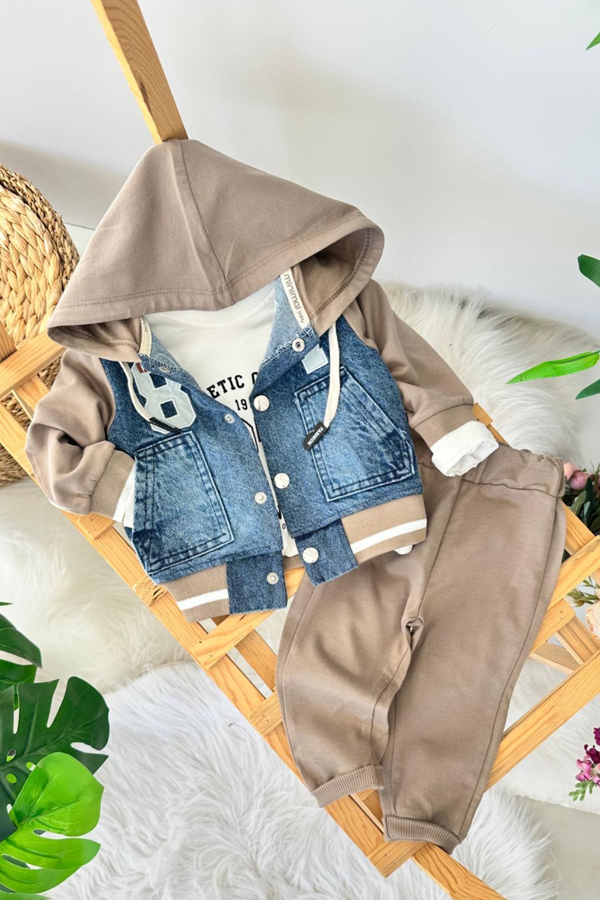 Miniğimin Cicileri 87 Armalı Kot Detaylı Kapüşonlu Erkek Bebek Takım - Vizon