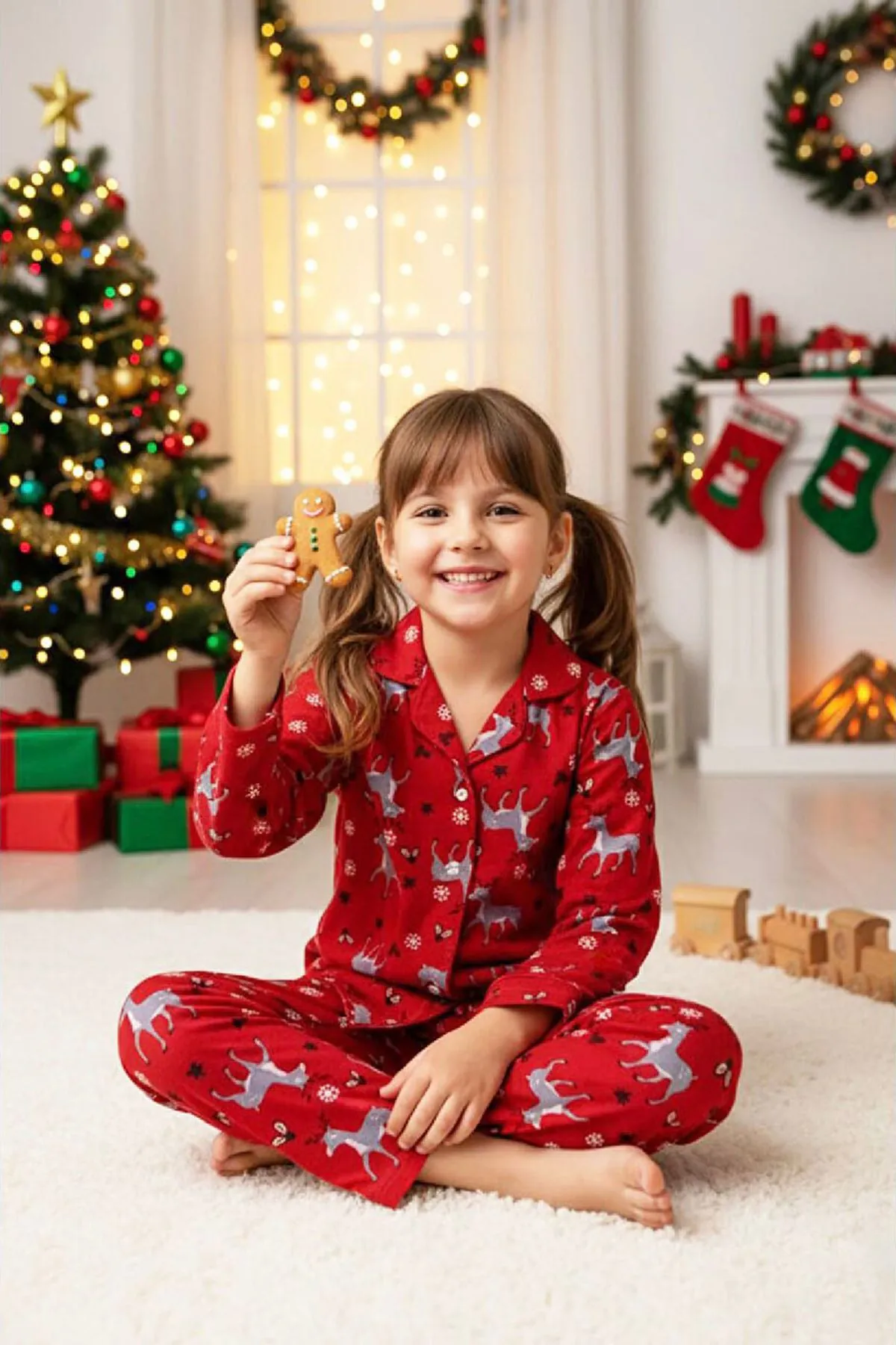 Miniğimin Cicileri Geyik Desenli Yılbaşı Süet Kız Çocuk Pijama Takımı - Kırmızı