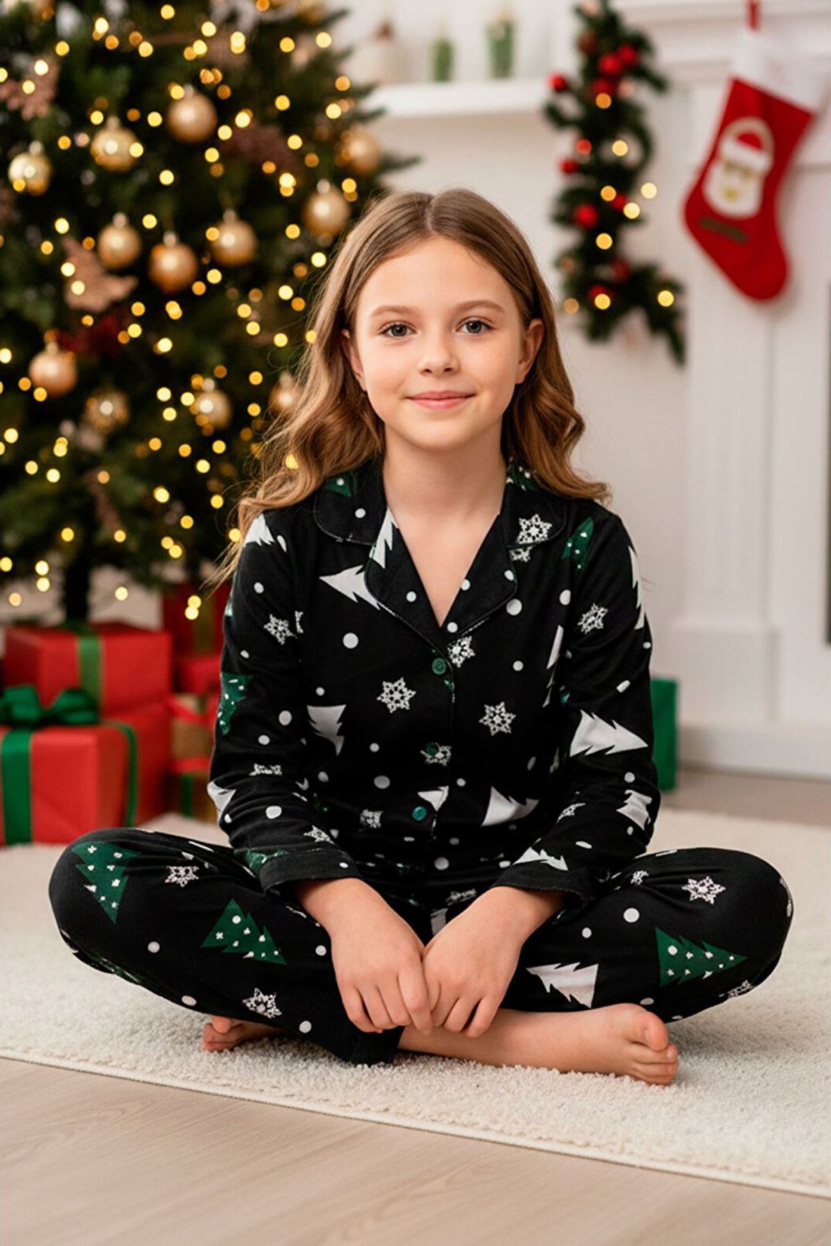 Miniğimin Cicileri Çam Ağacı  Desenli Yılbaşı Süet Kız Çocuk Pijama Takımı - Siyah