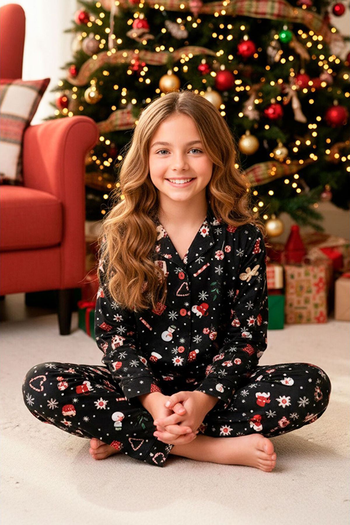 Miniğimin Cicileri Yılbaşı  Desenli Süet Kız Çocuk Pijama Takımı - Siyah
