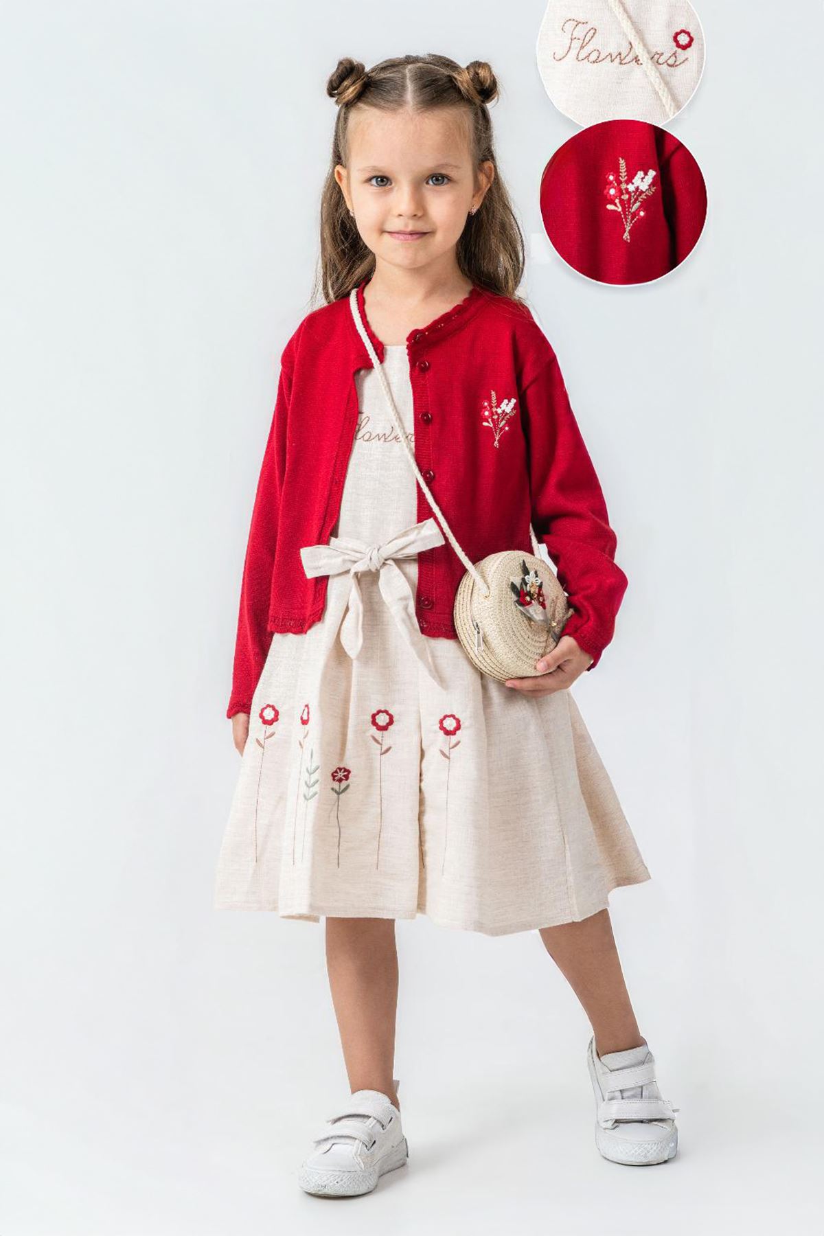 Miniğimin Cicileri Papatya İşleme Detaylı Elbise Hırka ve Çanta Kız Çocuk Kombin - Kırmızı
