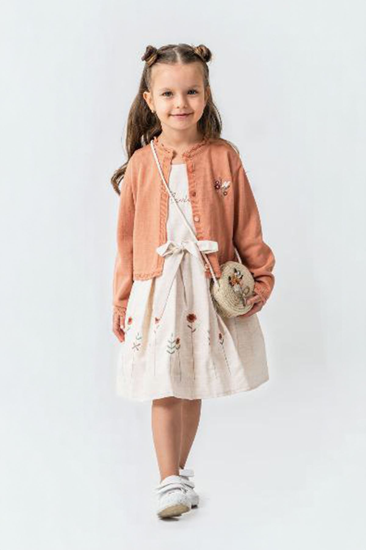 Miniğimin Cicileri Papatya İşleme Detaylı Elbise Hırka ve Çanta Kız Çocuk Kombin - Turuncu