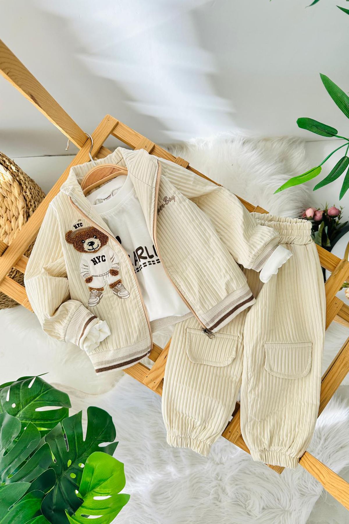 Miniğimin Cicileri Bear Panç İşleme Detaylı Erkek Bebek 3 lü Spor Takım - Ekru