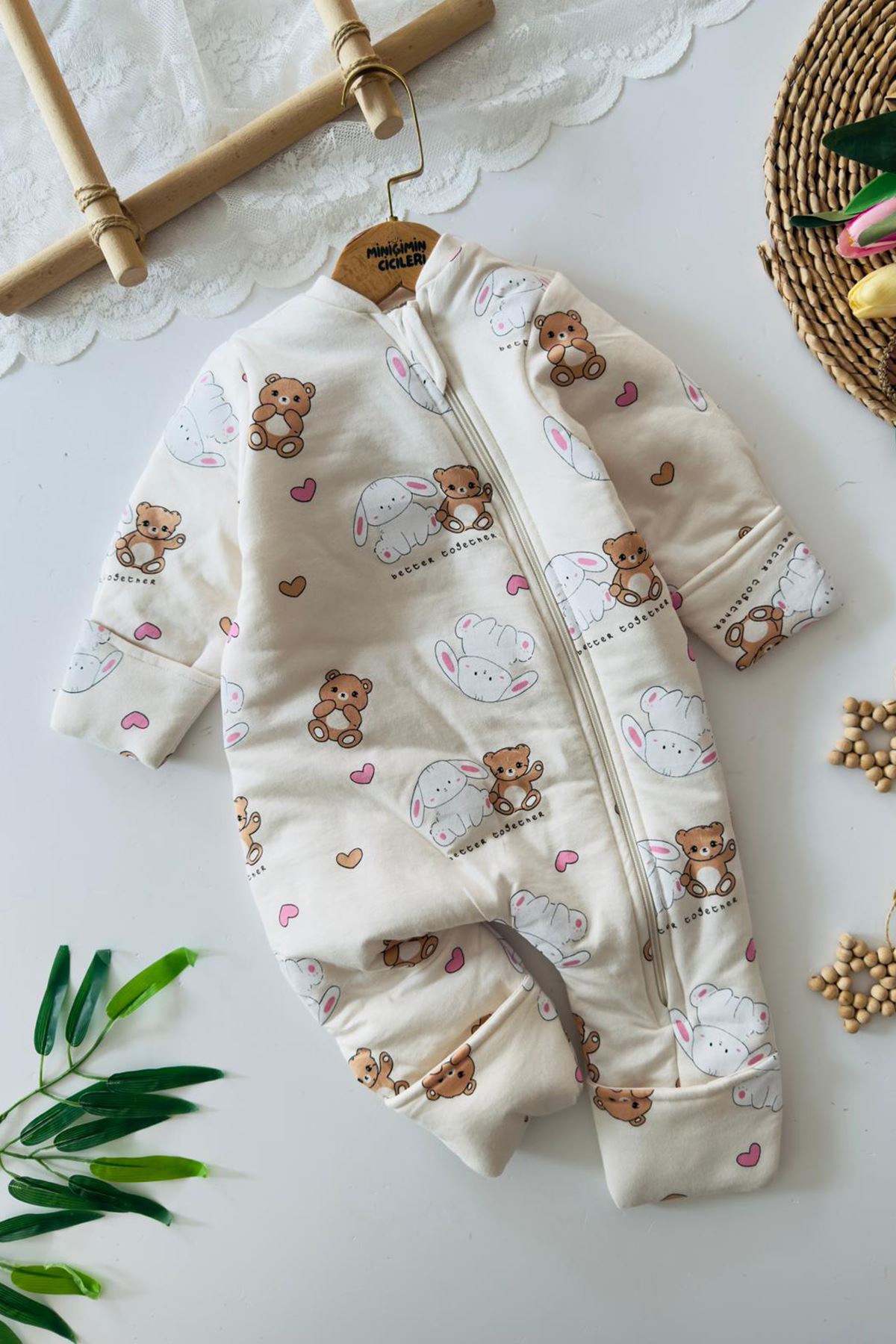 Miniğimin Cicileri Ayıcık Desenli Kız Bebek Uyku Tulumu - Krem