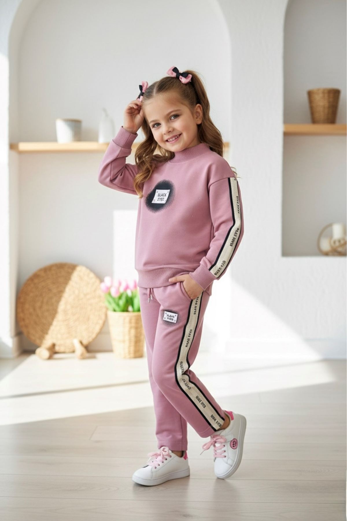 Miniğimin Cicileri Black Eyes Baskılı Taşlı Kız Çocuk 2 li Takım - Gül Kurusu