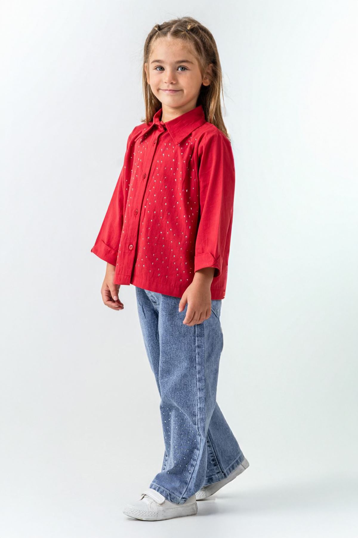 Miniğimin Cicileri Taşlı Kız Çocuk Gömlekli 2 li Takım - Kırmızı