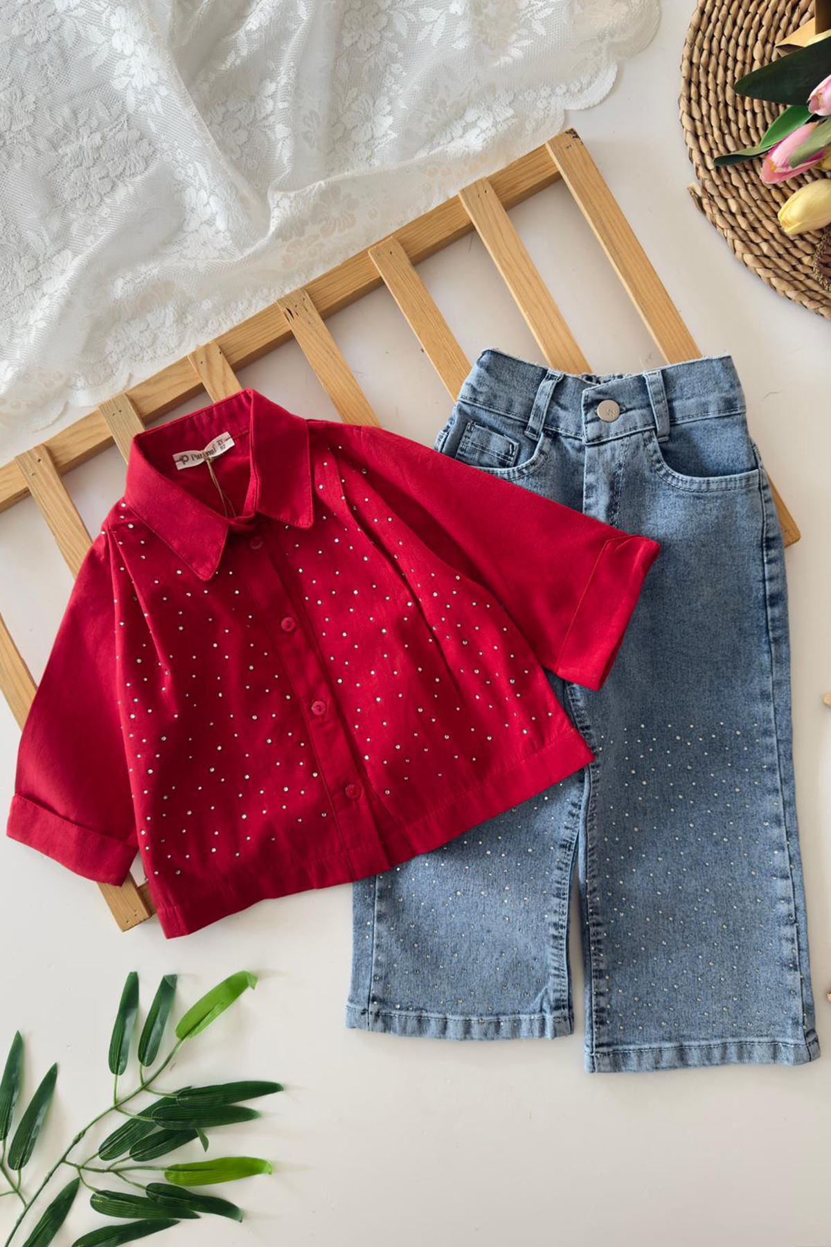 Miniğimin Cicileri Taşlı Kız Çocuk Gömlekli 2 li Takım - Kırmızı