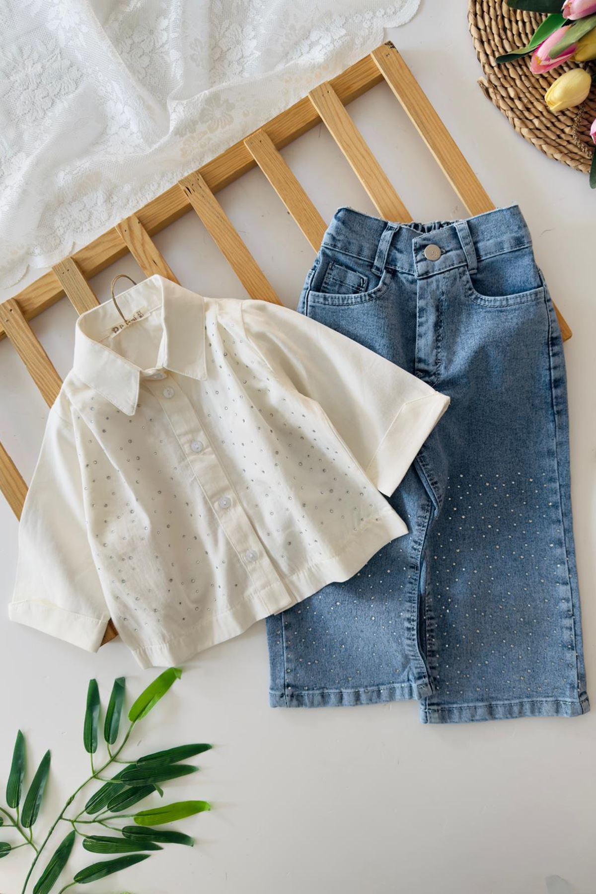 Miniğimin Cicileri Taşlı Kız Çocuk Gömlekli 2 li Takım - Ekru