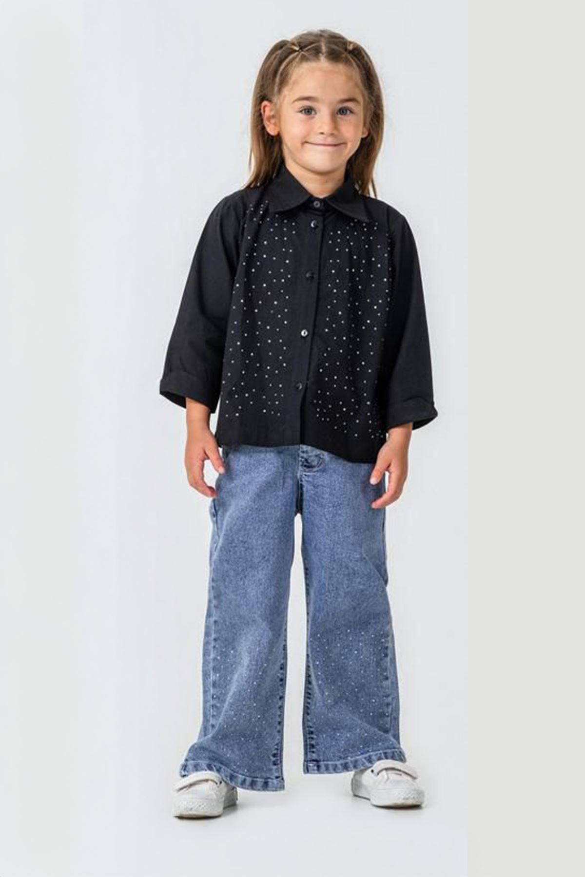 Miniğimin Cicileri Taşlı Kız Çocuk Gömlekli 2 li Takım - Siyah