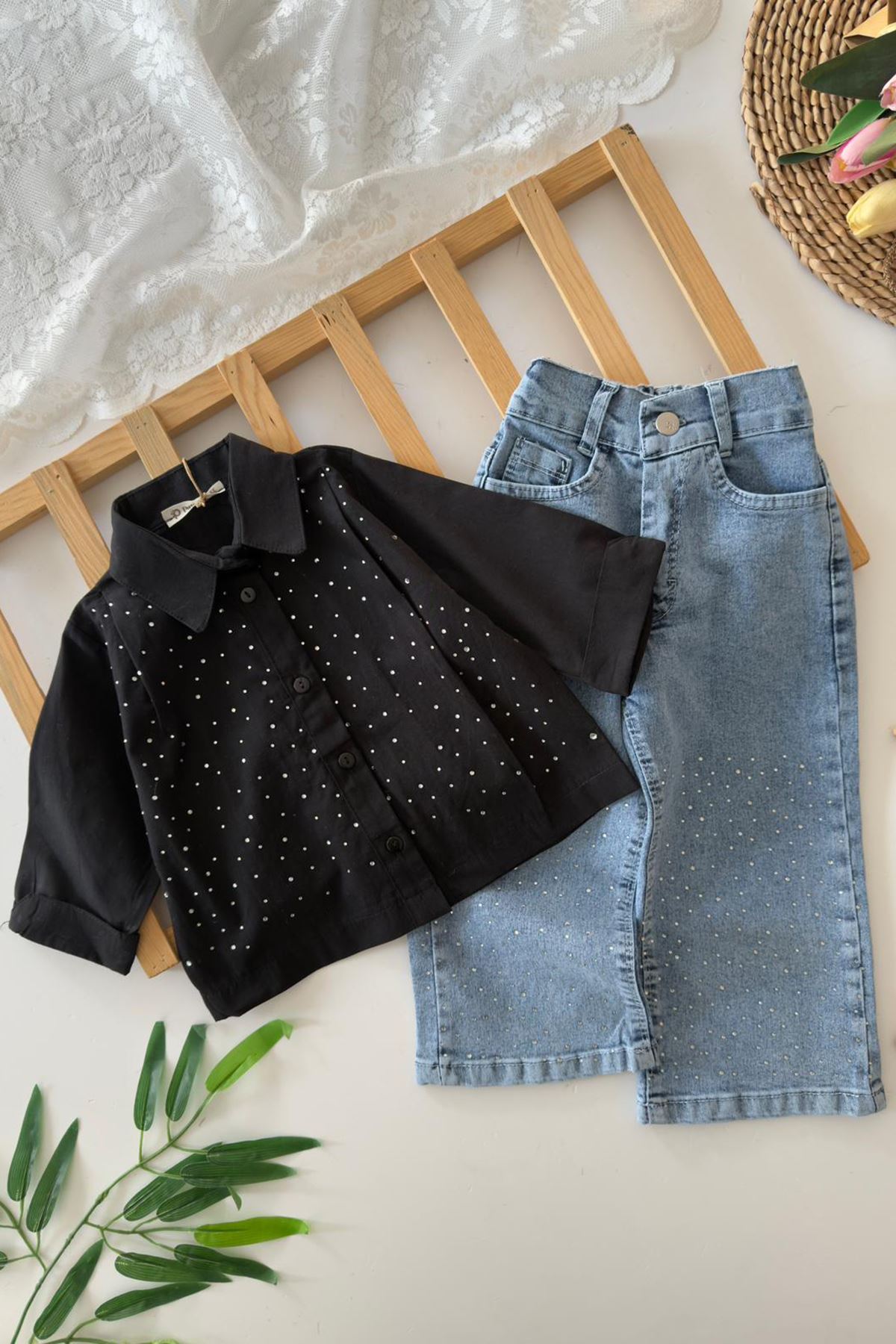 Miniğimin Cicileri Taşlı Kız Çocuk Gömlekli 2 li Takım - Siyah