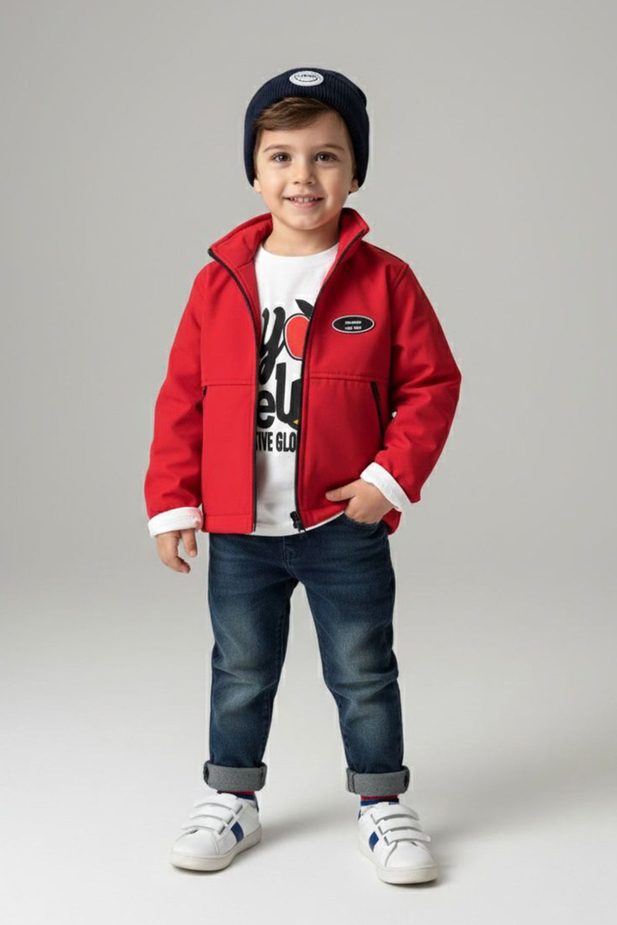 Miniğimin Cicileri Elma Baskılı Erkek Çocuk 3 lü Montlu Takım - Kırmızı