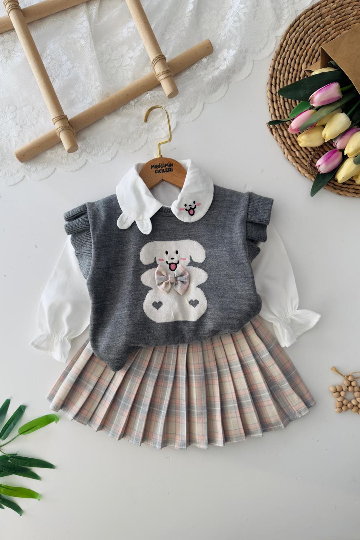 Miniğimin Cicileri Sevimli Tavşan Desenli Ekose Etekli Triko Kız Çocuk 3 lü Takım - Gri