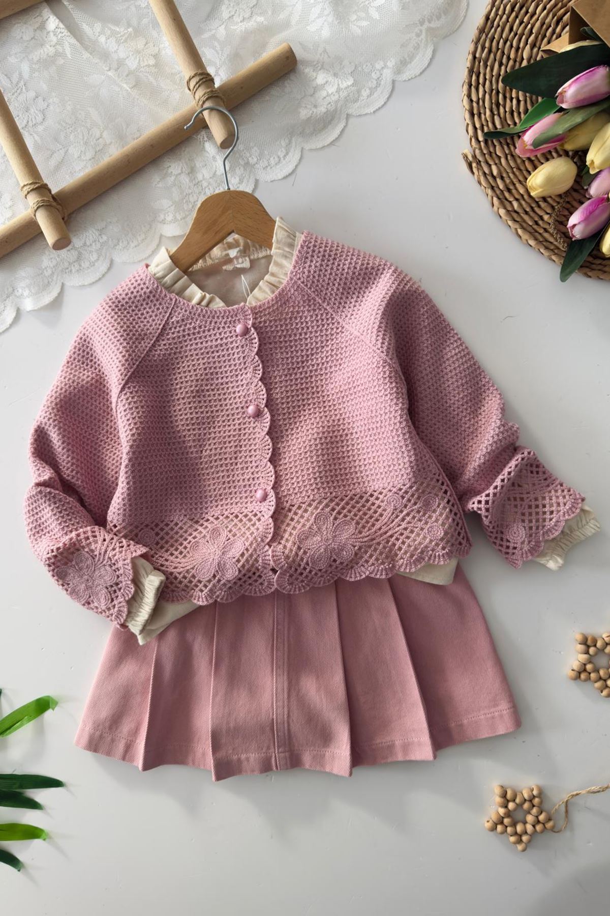 Miniğimin Cicileri Örgü Çiçek Hırkalı 3lü Etekli Kız Çocuk Takım - Pembe