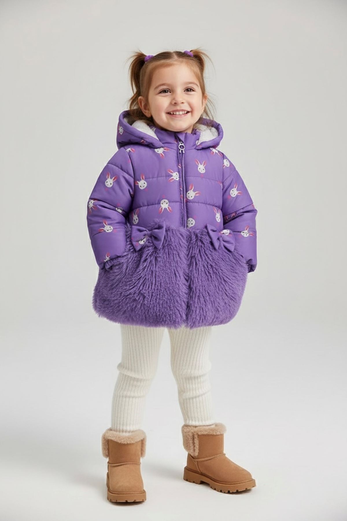 Miniğimin Cicileri ( 9-24 Ay / 2-5 Yaş) Tavşan Kulak Baskı İçi Welsoft Kaban Kız Bebek - Lila