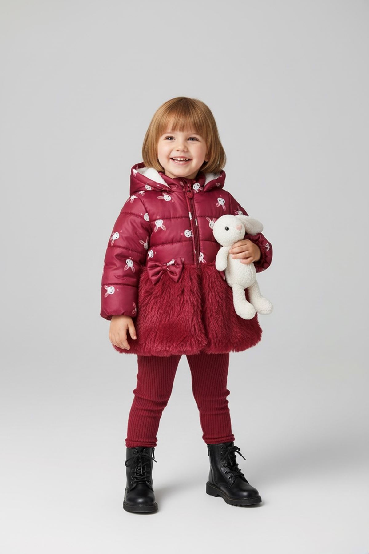 Miniğimin Cicileri ( 9-24 Ay) Tavşan Kulak Baskı İçi Welsoft Kaban Kız Bebek - Vişne