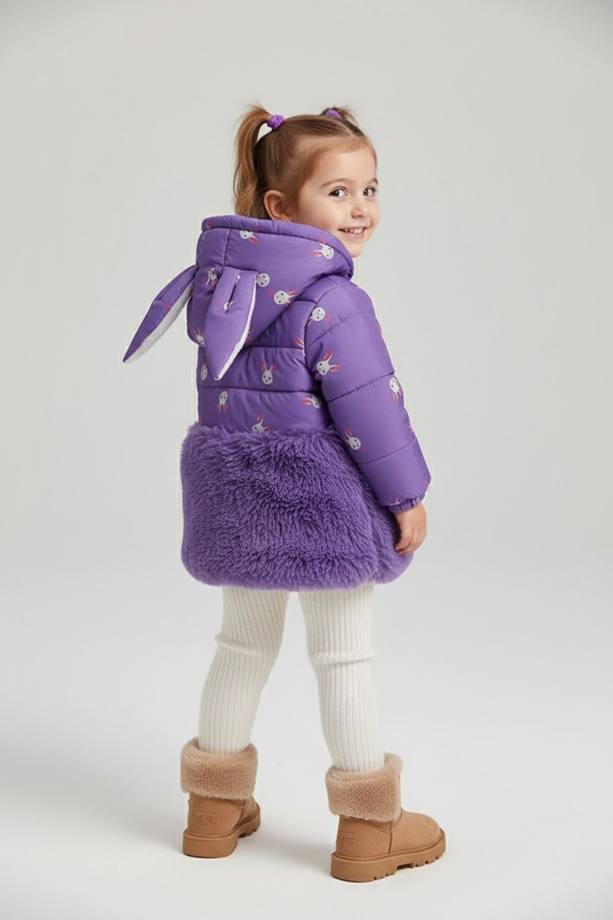 Miniğimin Cicileri ( 9-24 Ay / 2-5 Yaş) Tavşan Kulak Baskı İçi Welsoft Kaban Kız Bebek - Lila