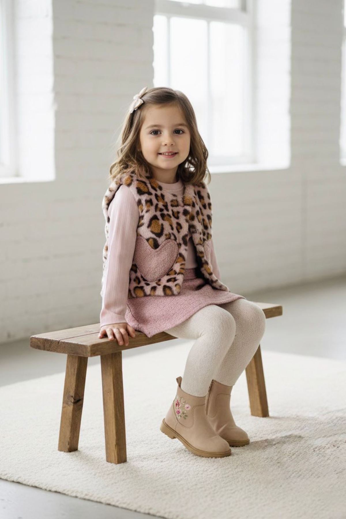 Miniğimin Cicileri Leopar Kürklü Kalp Detaylı Kız Çocuk 2 lü Takım - Pembe