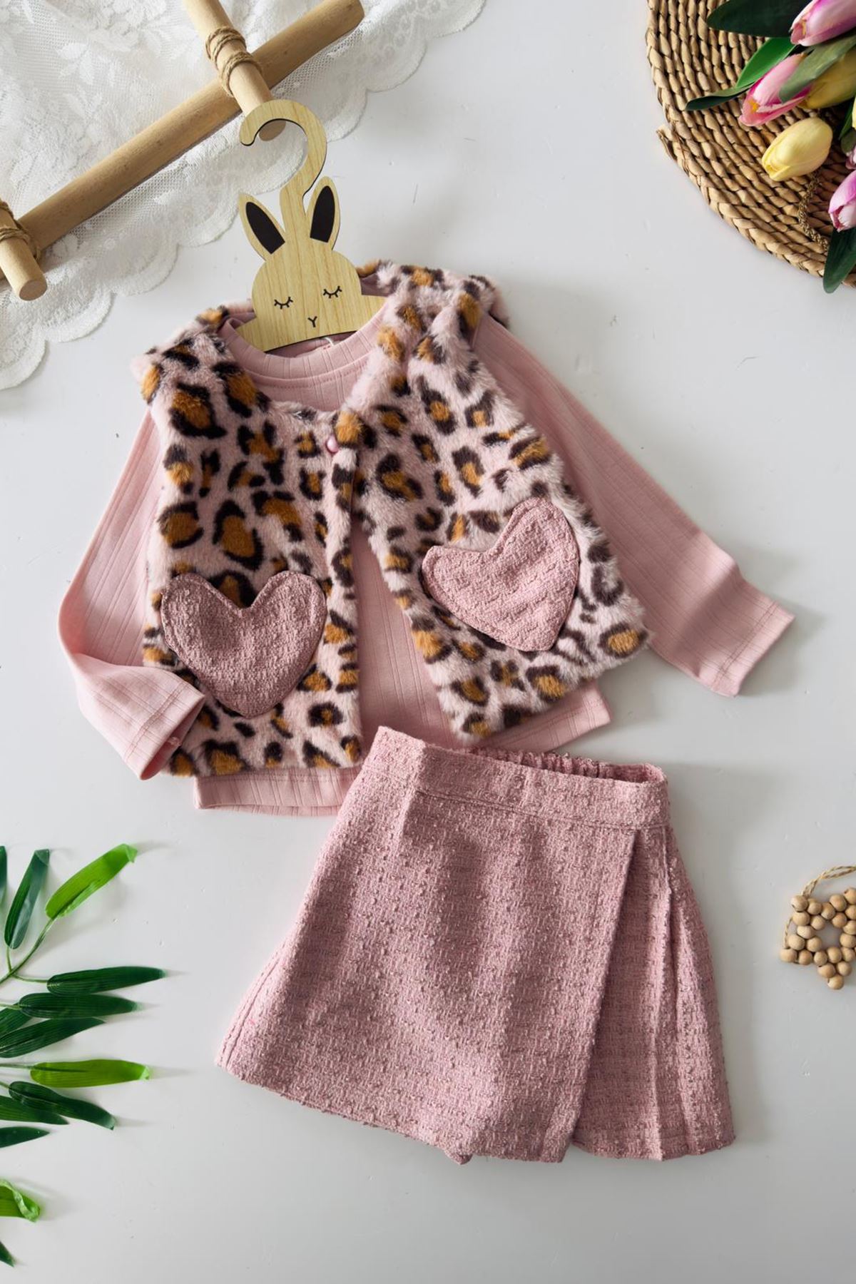 Miniğimin Cicileri Leopar Kürklü Kalp Detaylı Kız Çocuk 2 lü Takım - Pembe