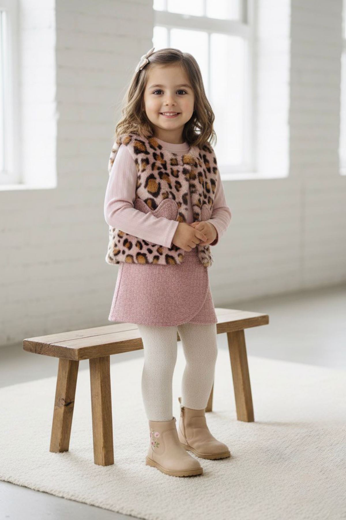 Miniğimin Cicileri Leopar Kürklü Kalp Detaylı Kız Çocuk 2 lü Takım - Pembe