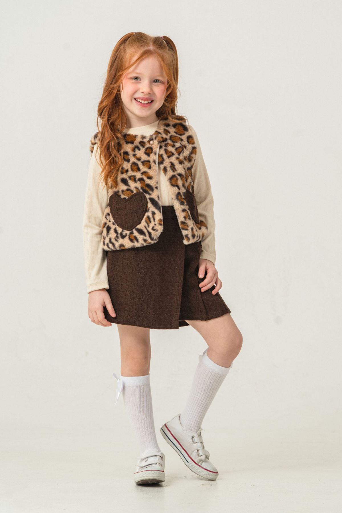 Miniğimin Cicileri Leopar Kürklü Kalp Detaylı Kız Çocuk 2 lü Takım - Kahverengi